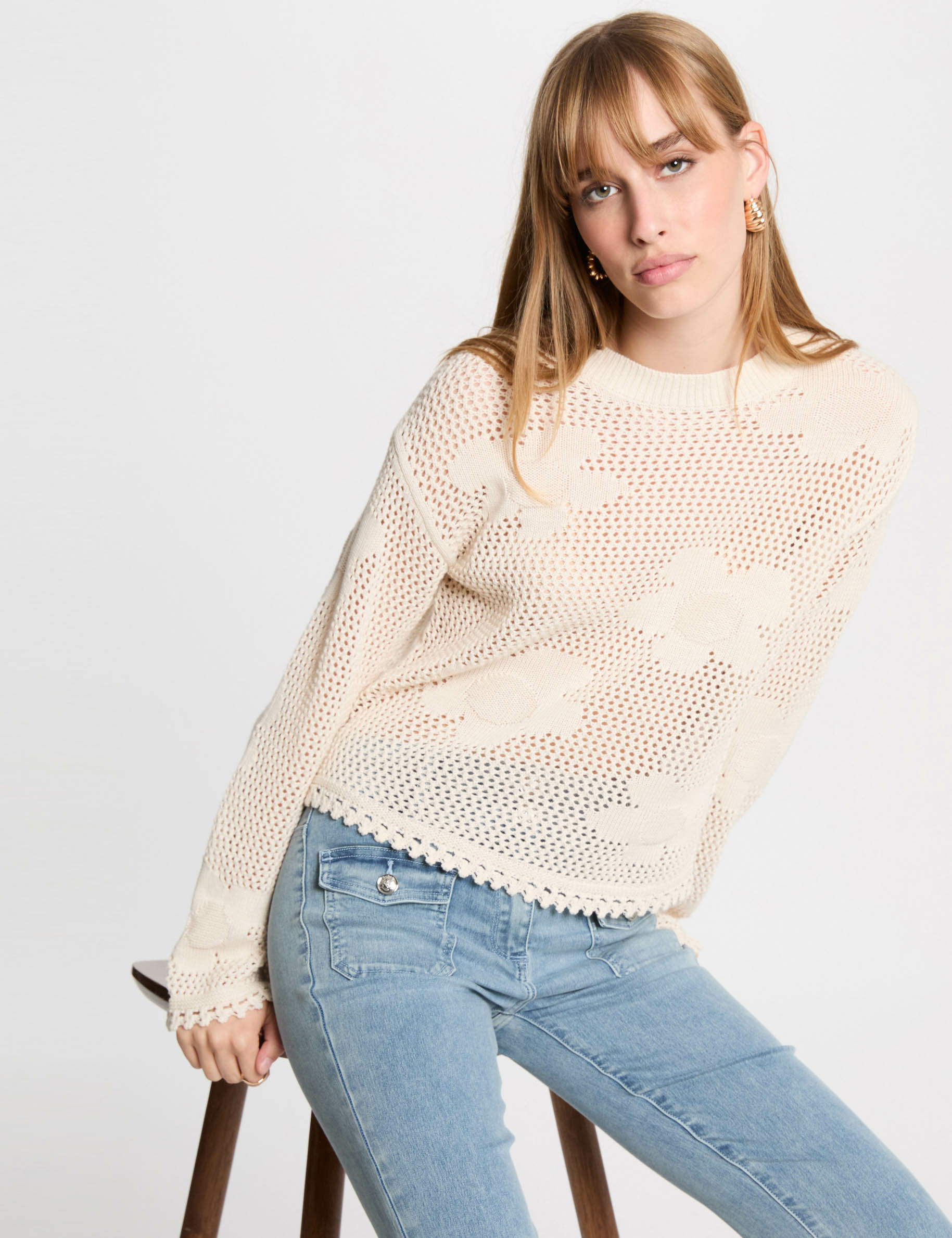 Jumper openwork and round neck ivory women