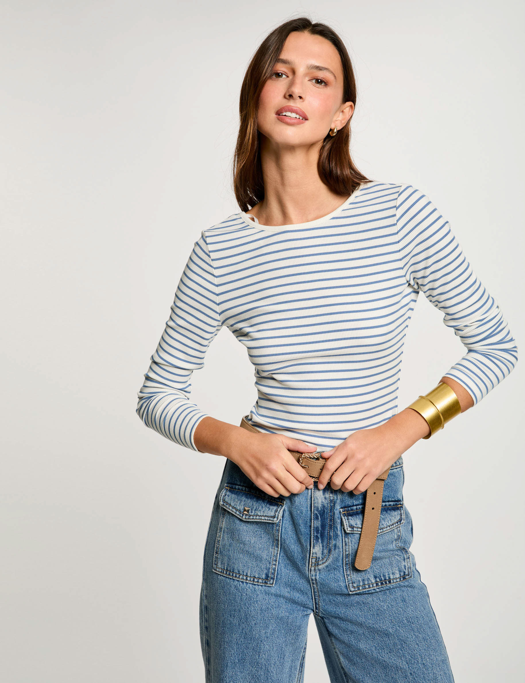 Striped long-sleeved t-shirt white women