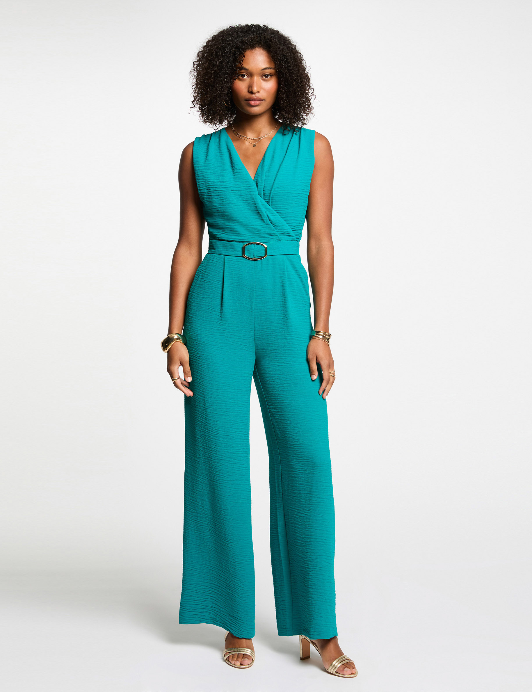 Wide leg jumpsuit with buckle detail turquoise blue women