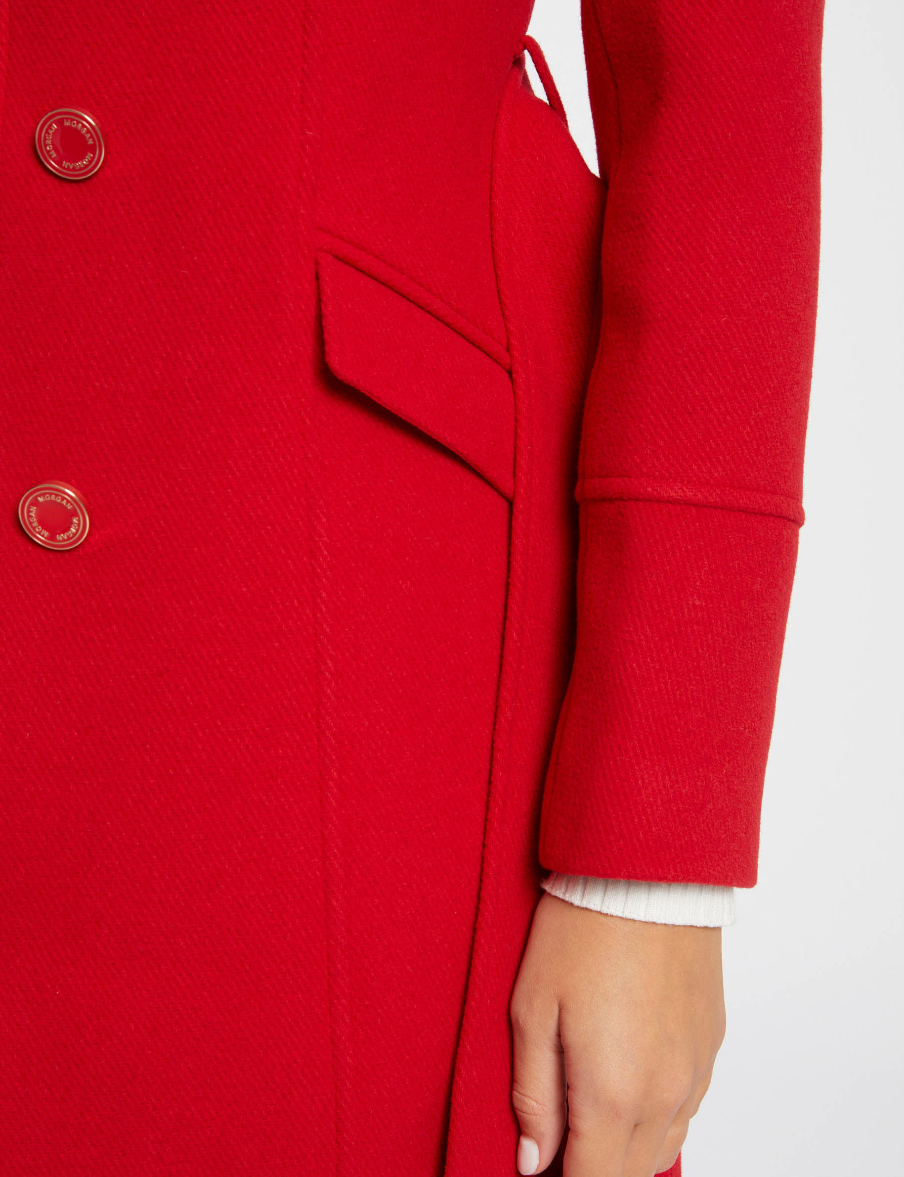 Belted long coat red women