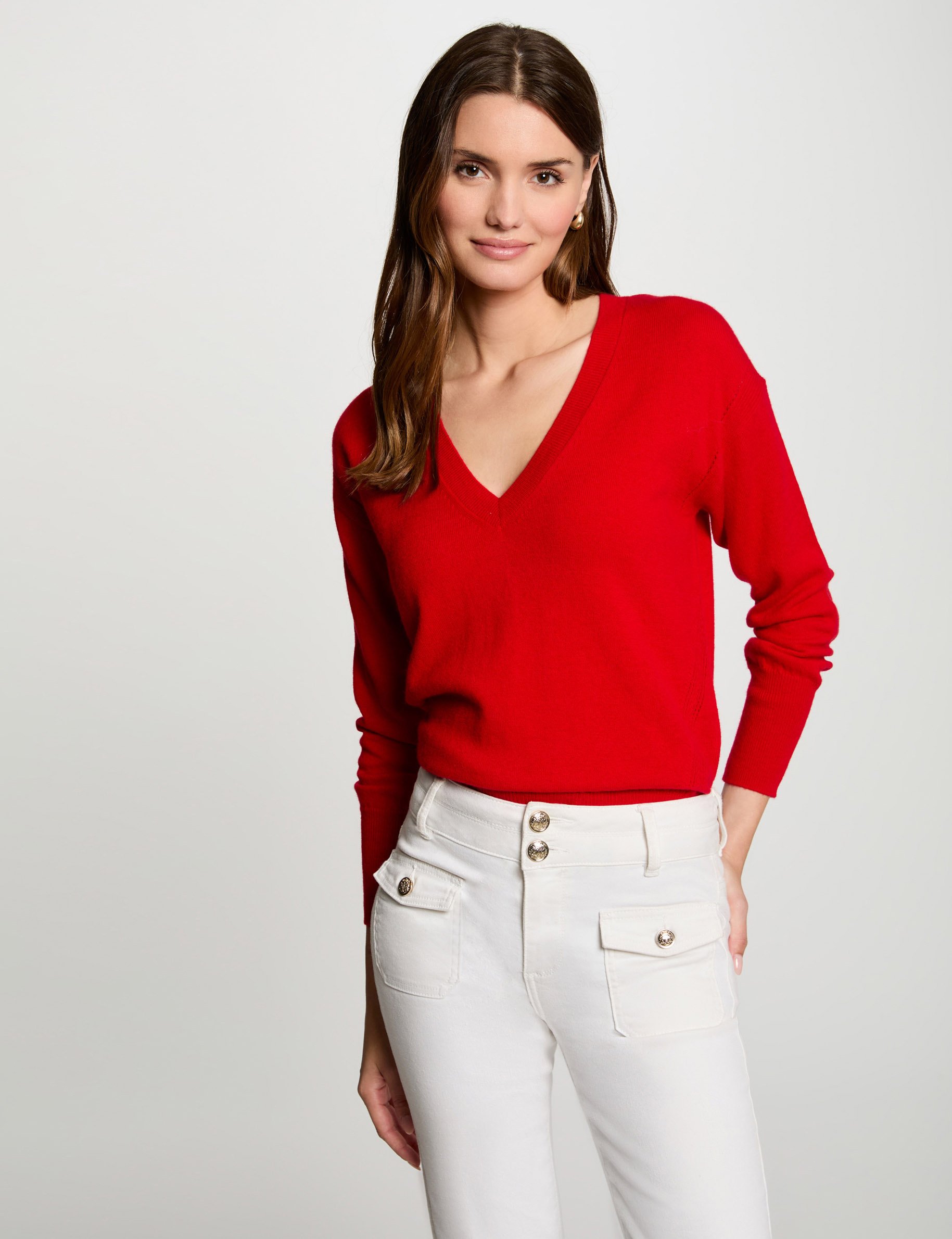 Jumper V-neck long sleeves red women