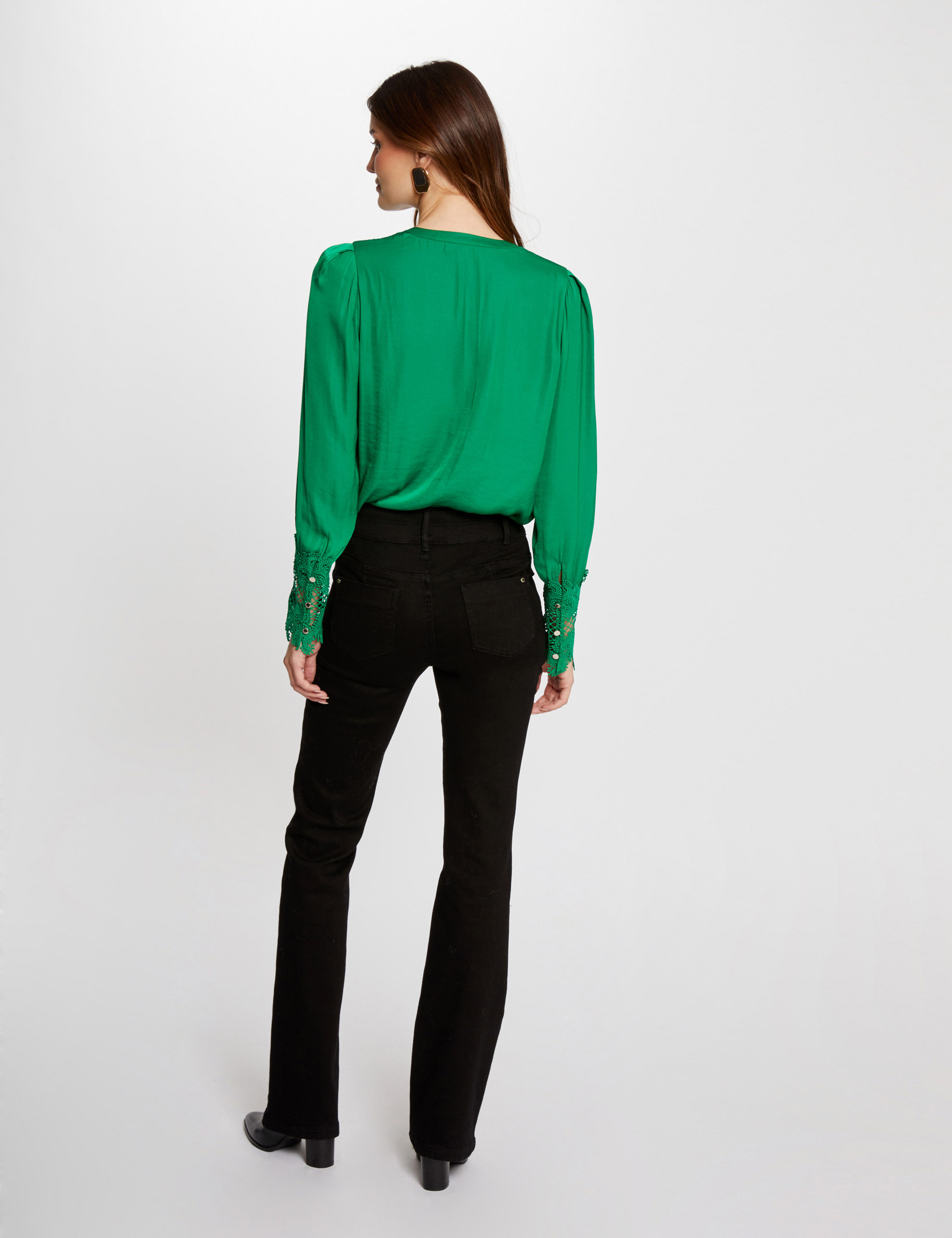 Long-sleeved satin shirt green women