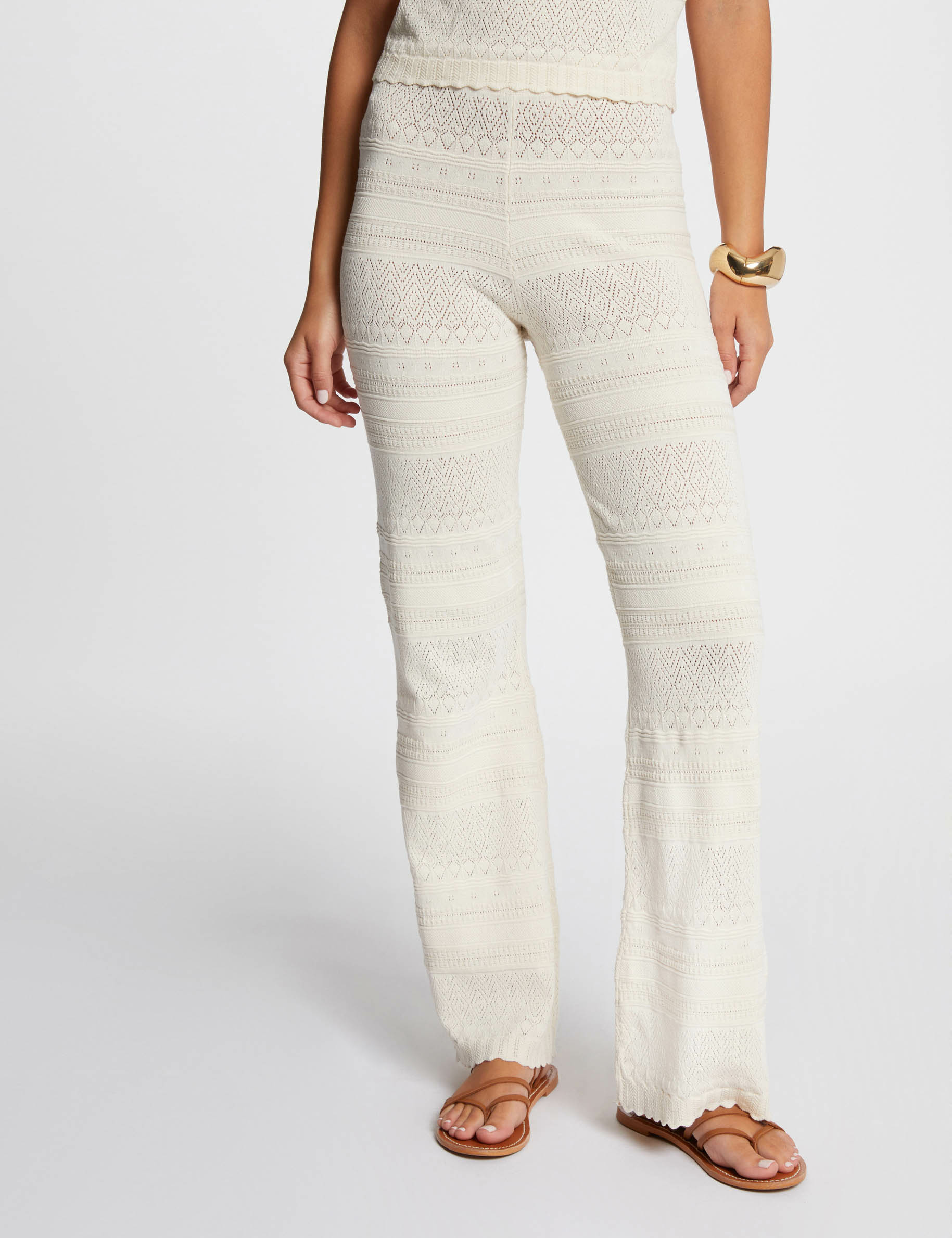 Fitted openwork knit trousers ivory ladies'
