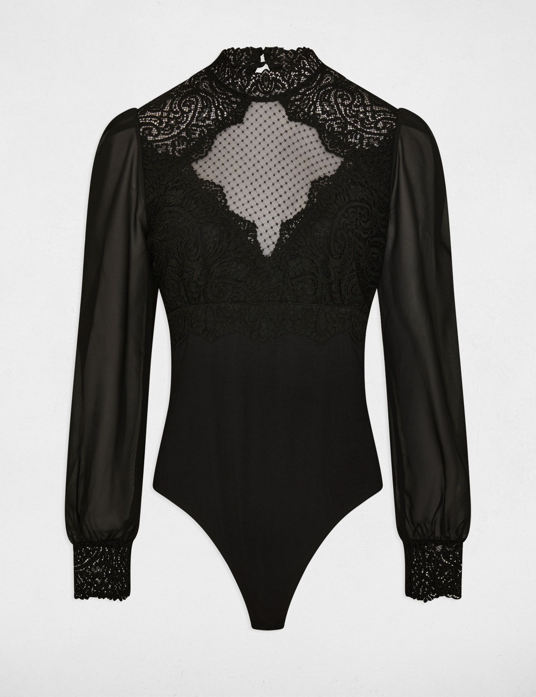 Black Bodysuit- Mesh and Scallop Lace Detail