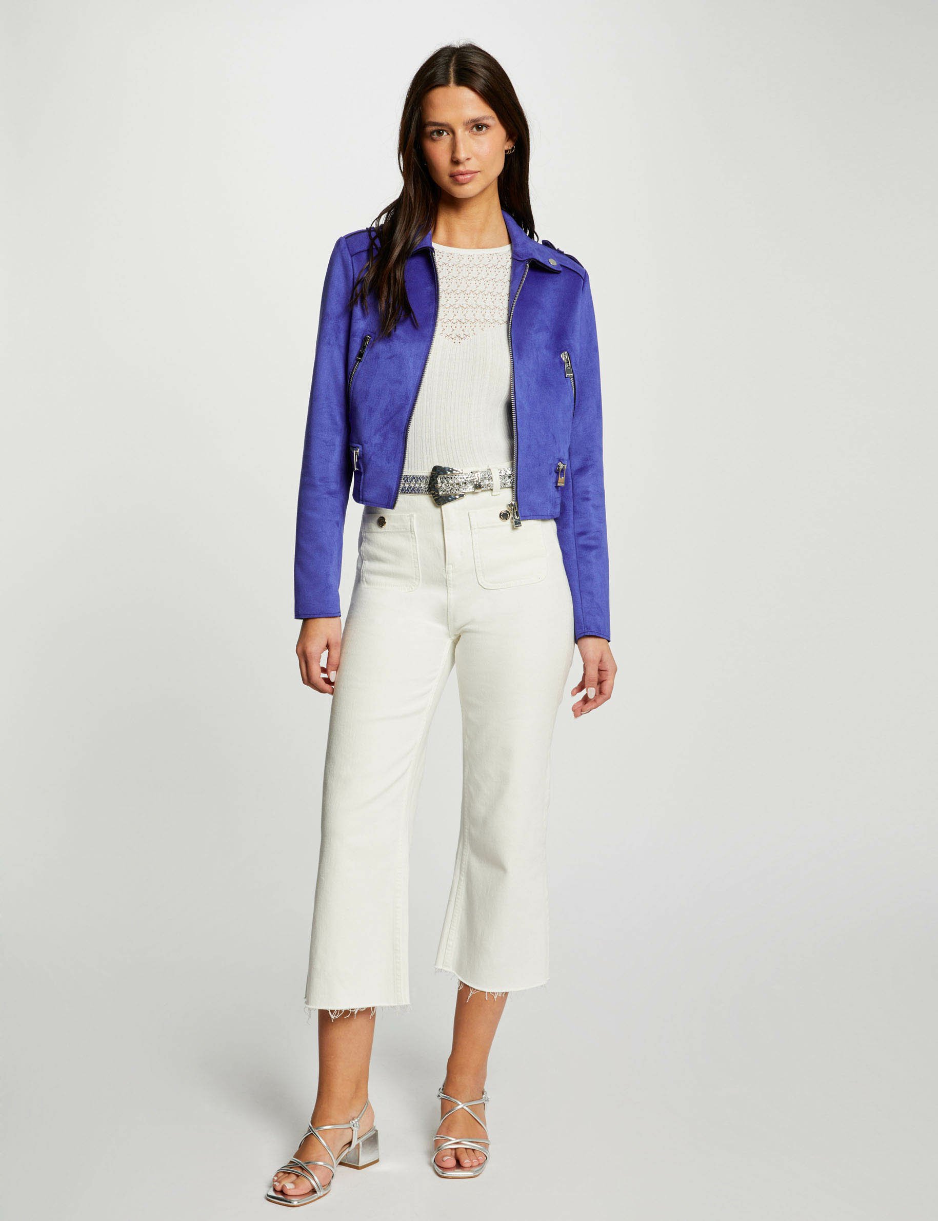 Blouson droit aspect suédine bleu electrique femme