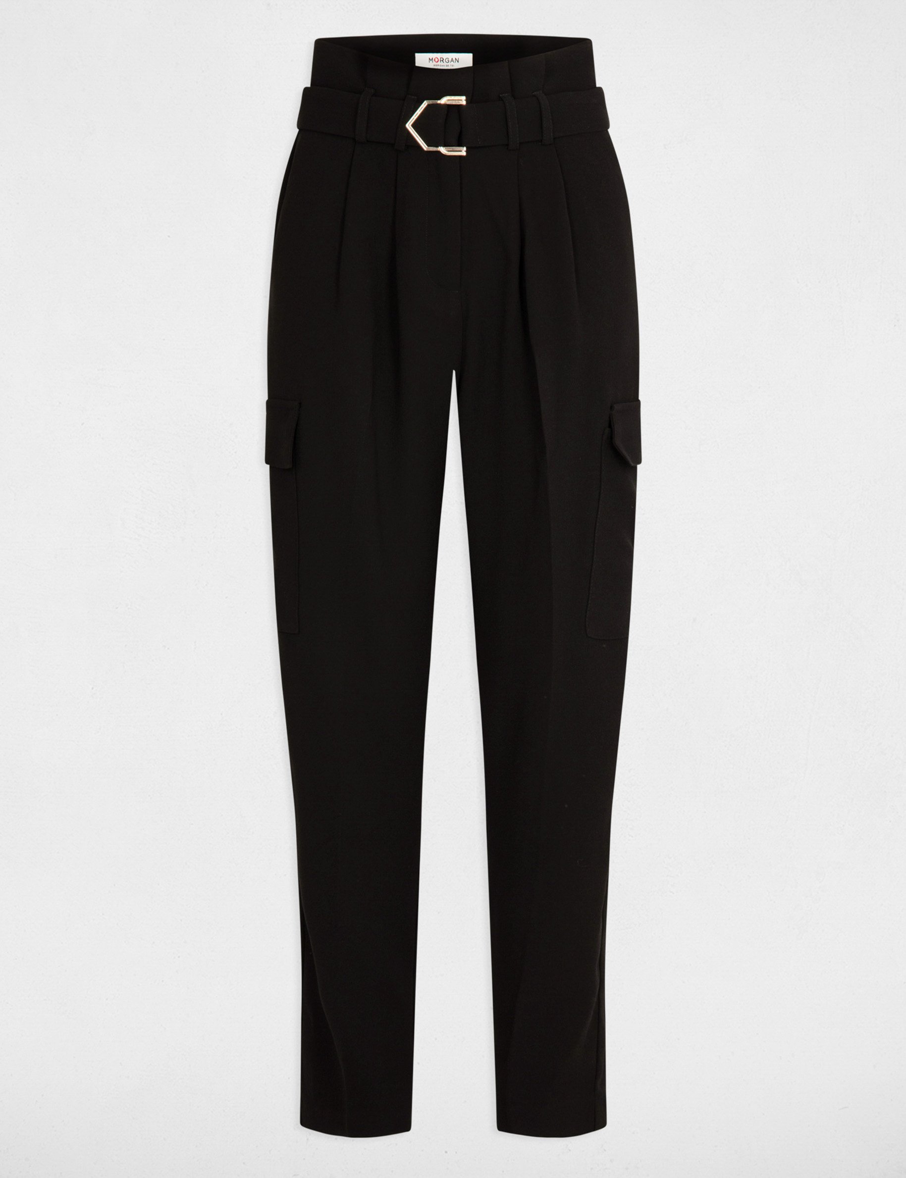 Pantalon carotte ceinturé noir femme