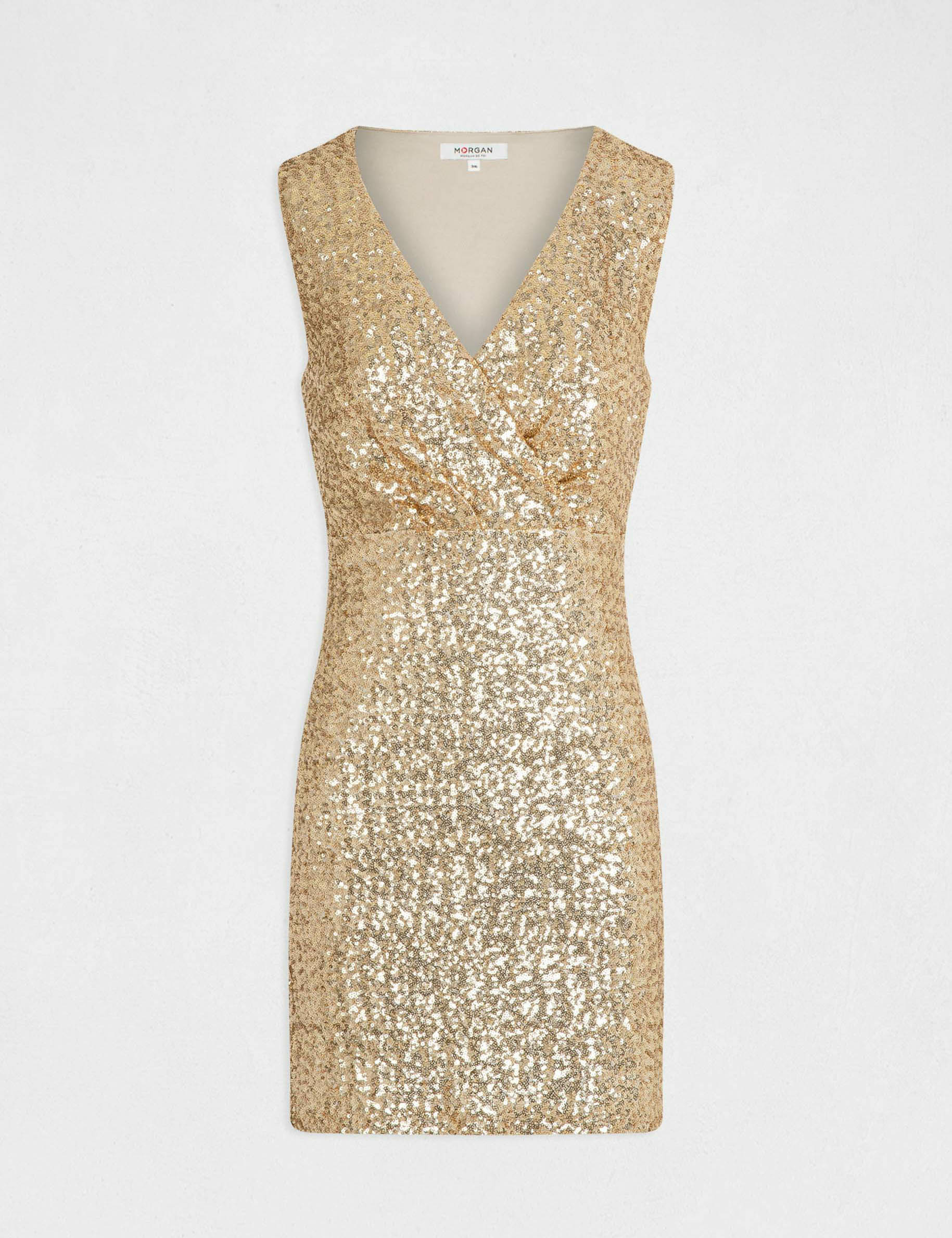 Fitted sleeveless dress with sequins gold women