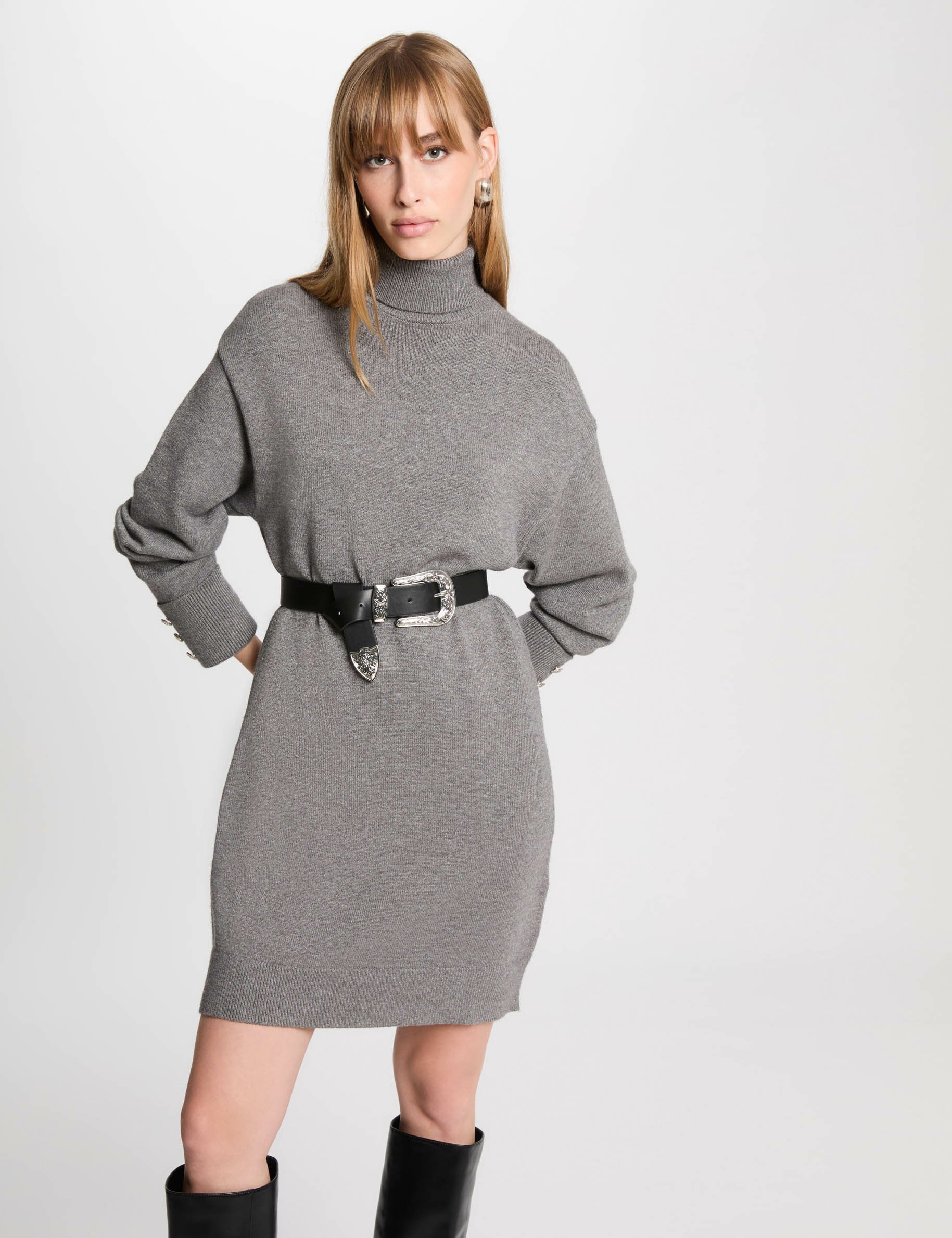 Mini straight knitted dress light grey women