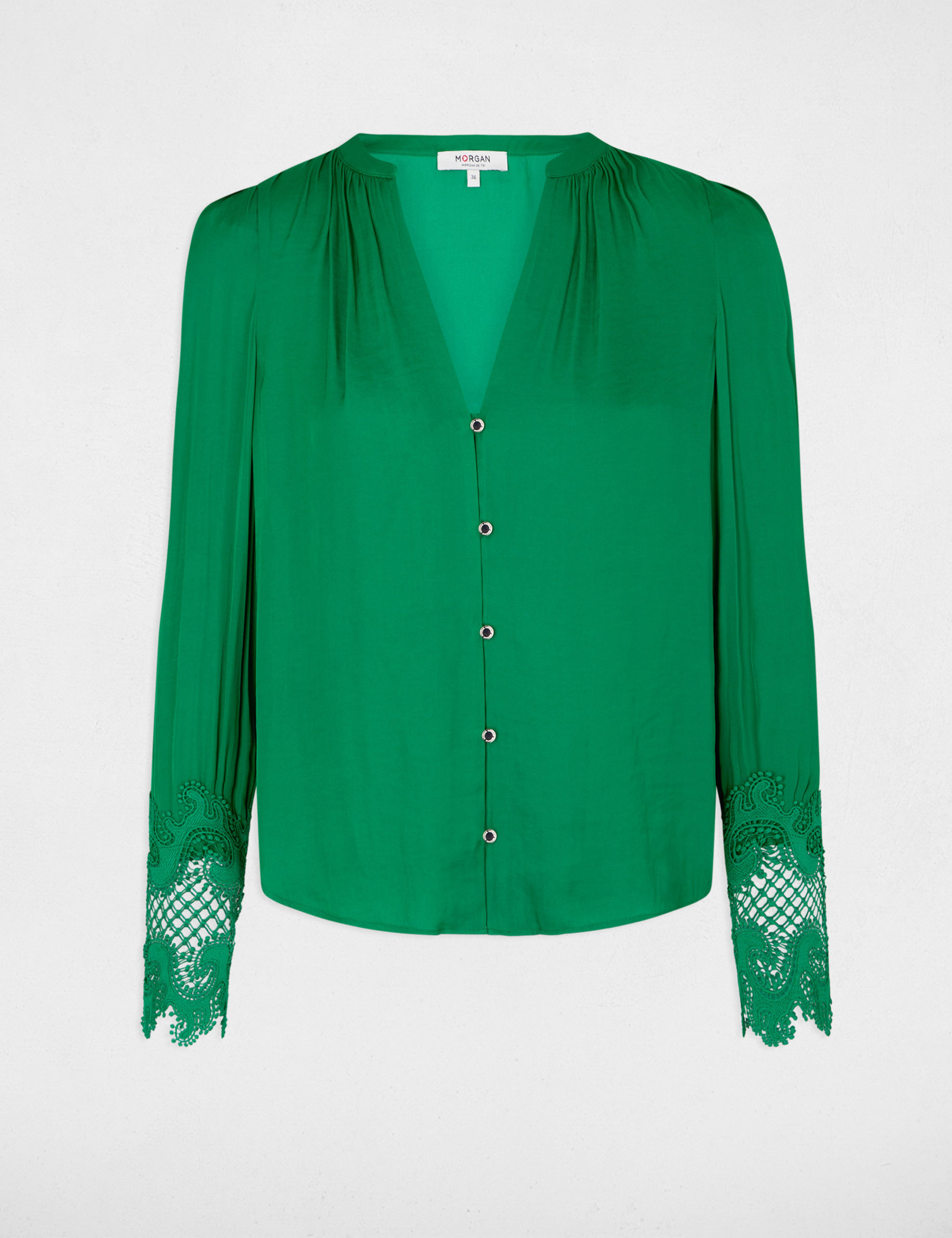 Long-sleeved satin shirt green women