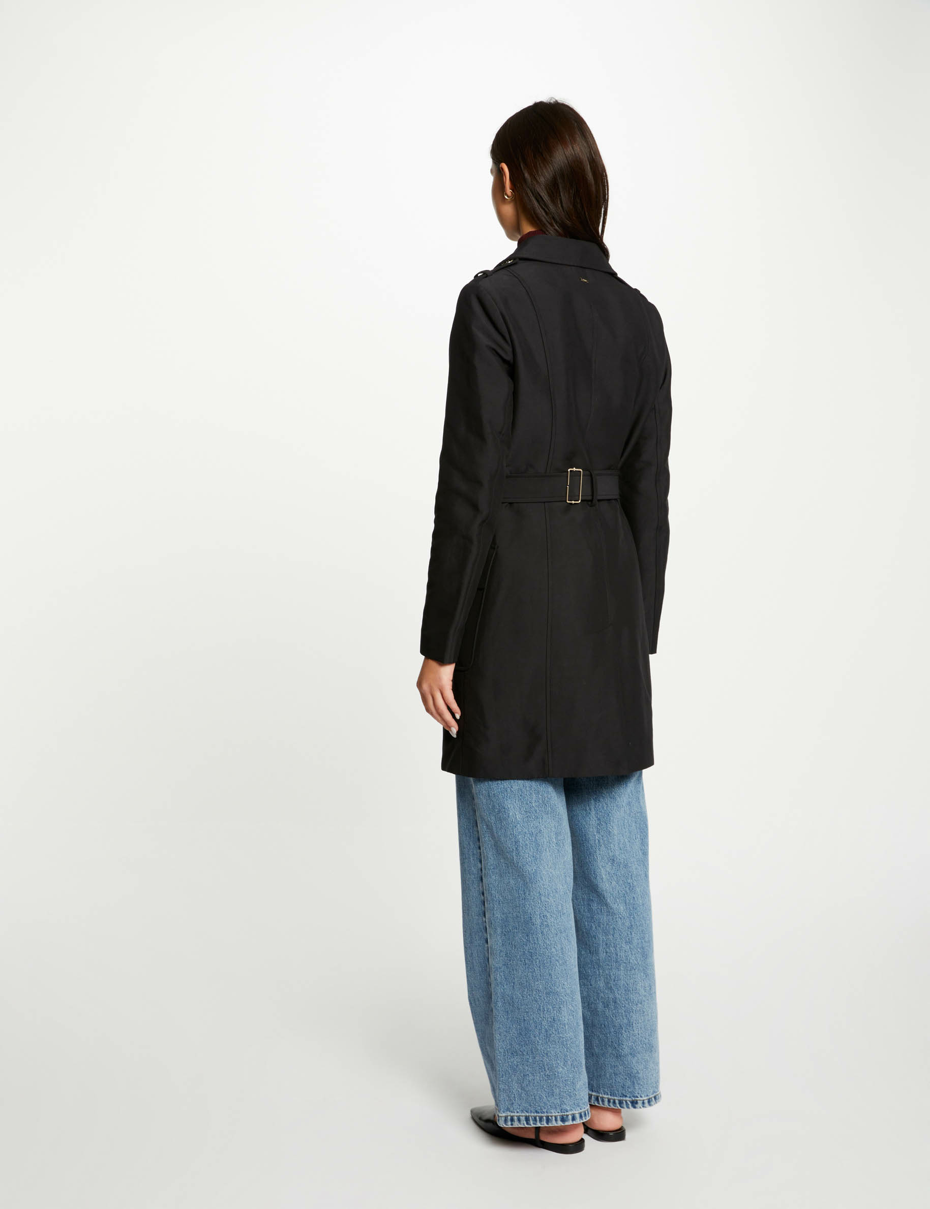 Belted long trenchcoat black women