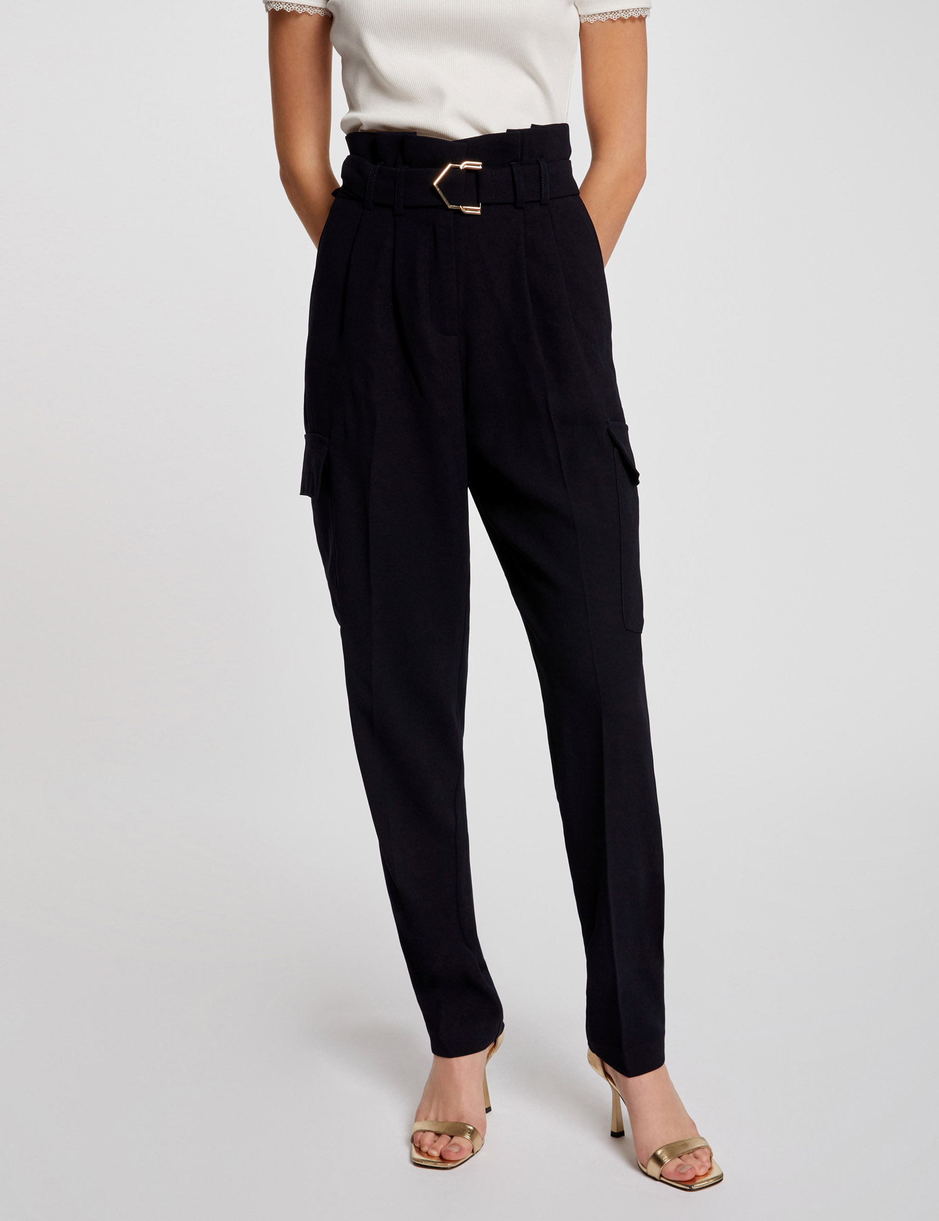 Belted peg trousers navy ladies'