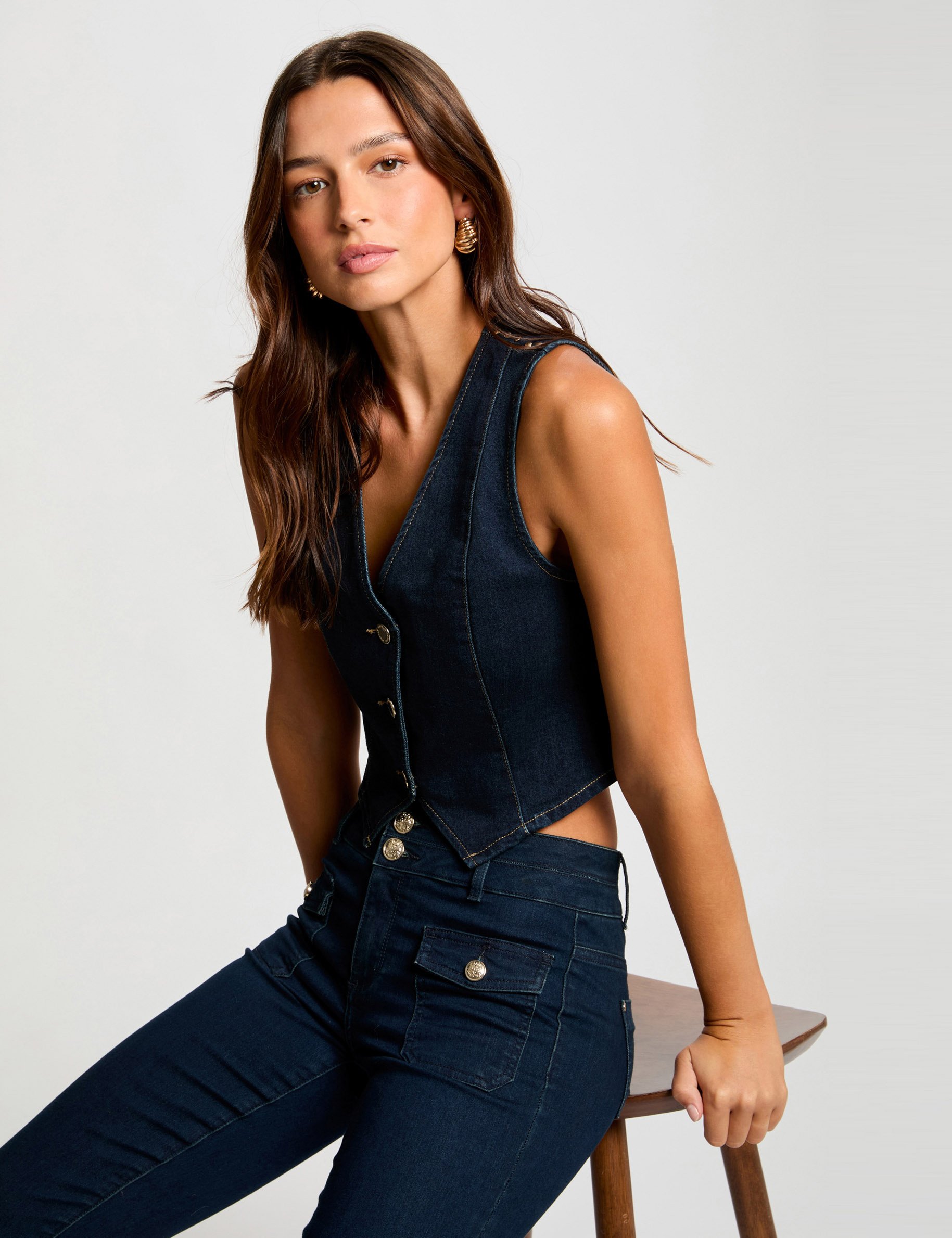 Top sans manches en jean denim brut femme