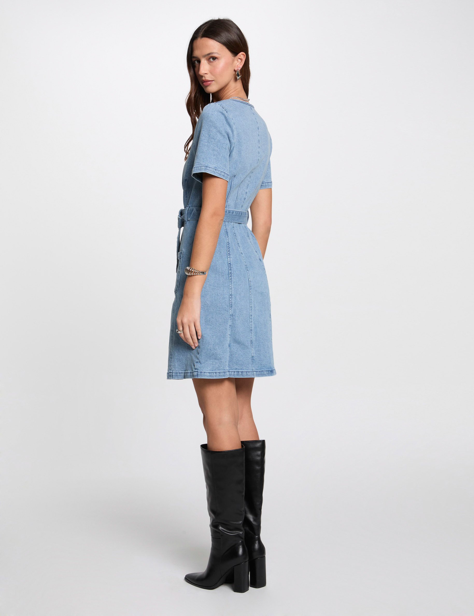 Straight mini denim dress heavy stone wash denim women