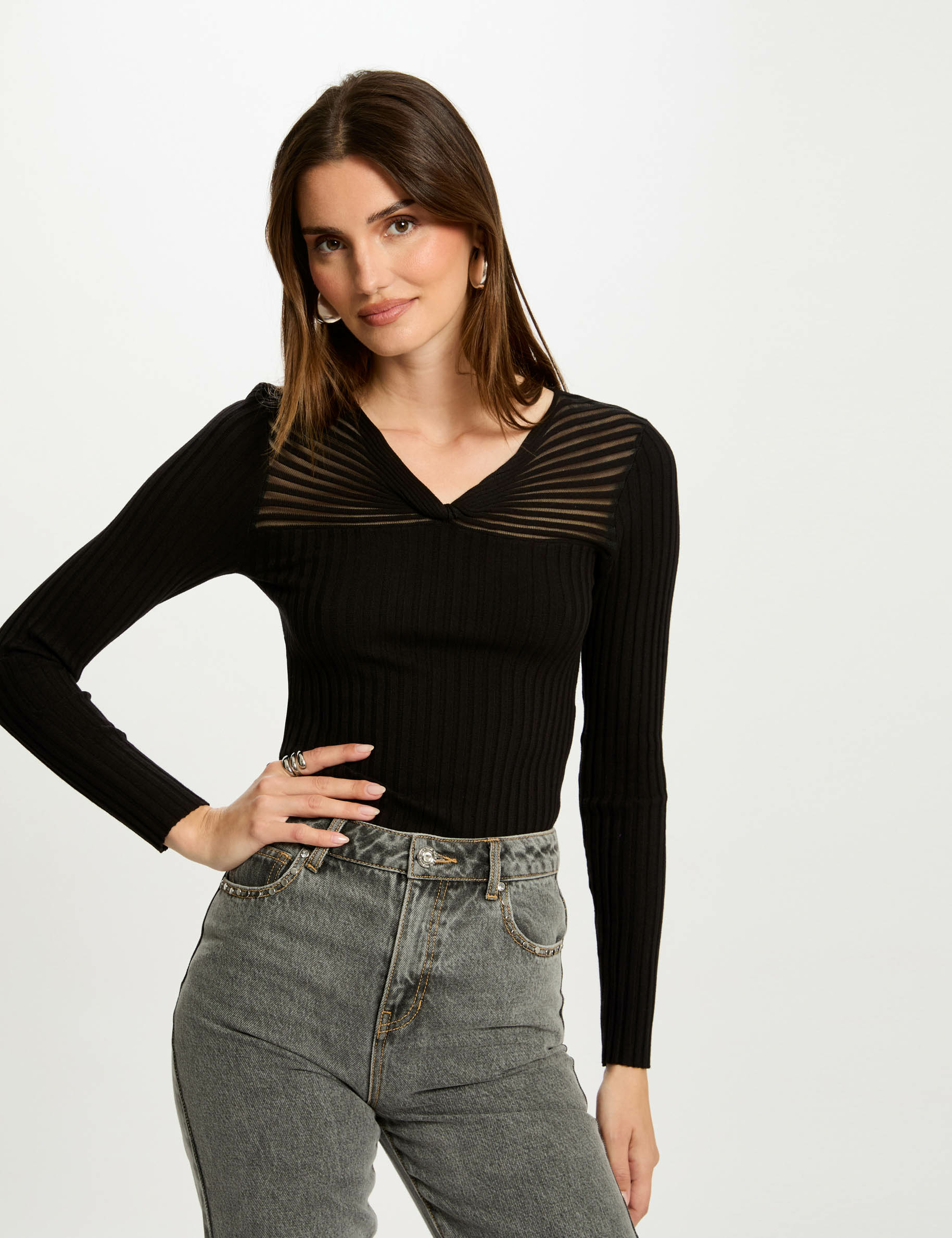 Ribbed jumper with V-neck black women