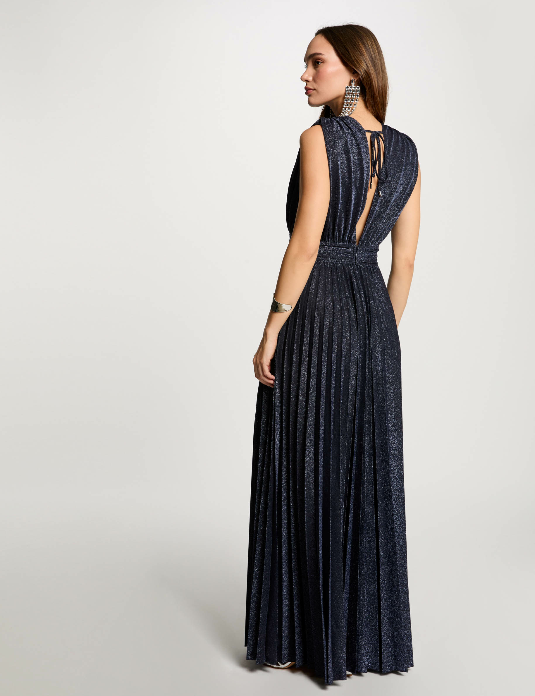 Pleated maxi straight dress navy blue women