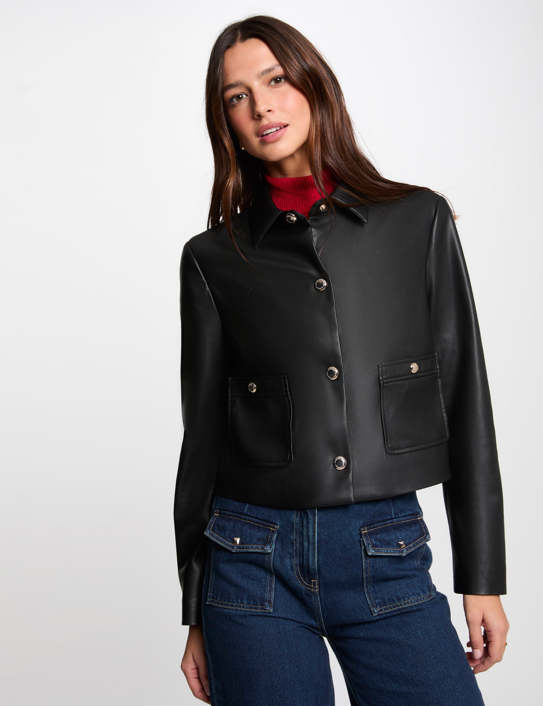 Short faux leather jacket black women Morgan