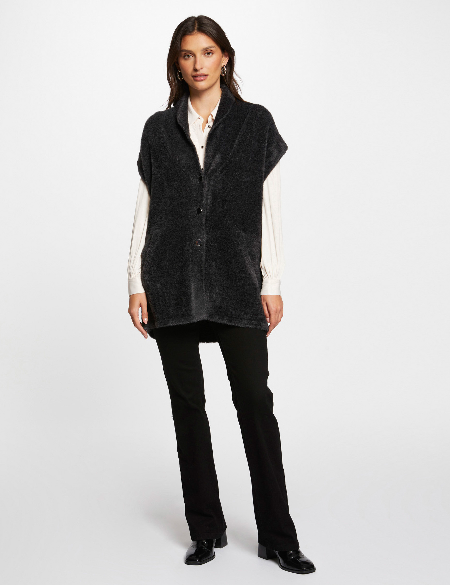 Short-sleeved fur cardigan anthracite grey women