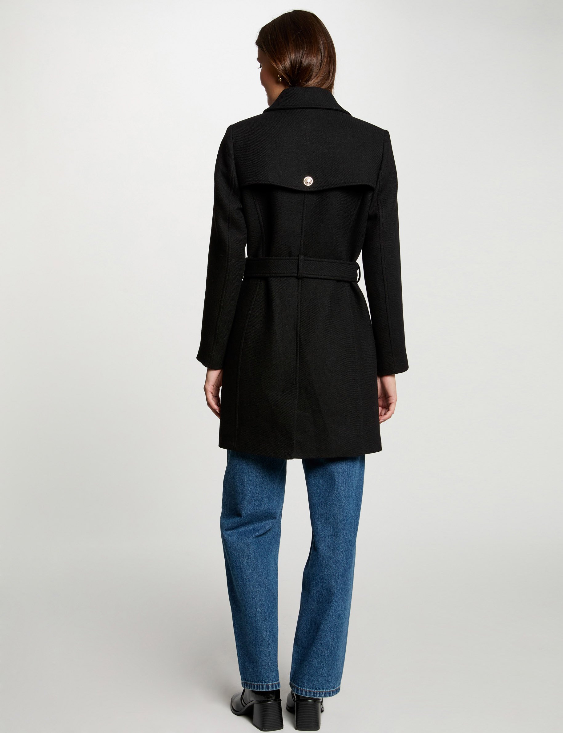 Belted long coat black women