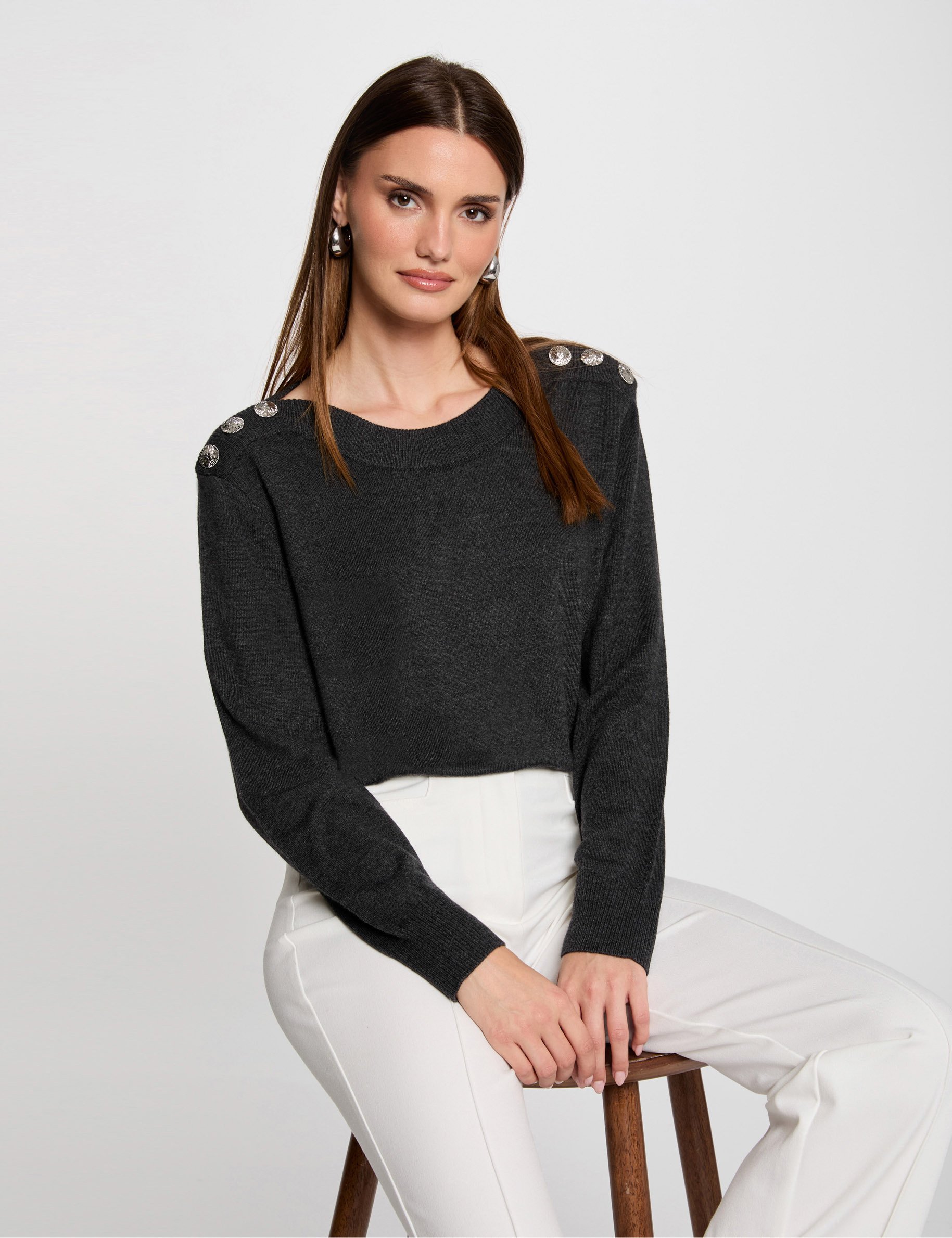 Jumper boat neck with buttons anthracite grey women