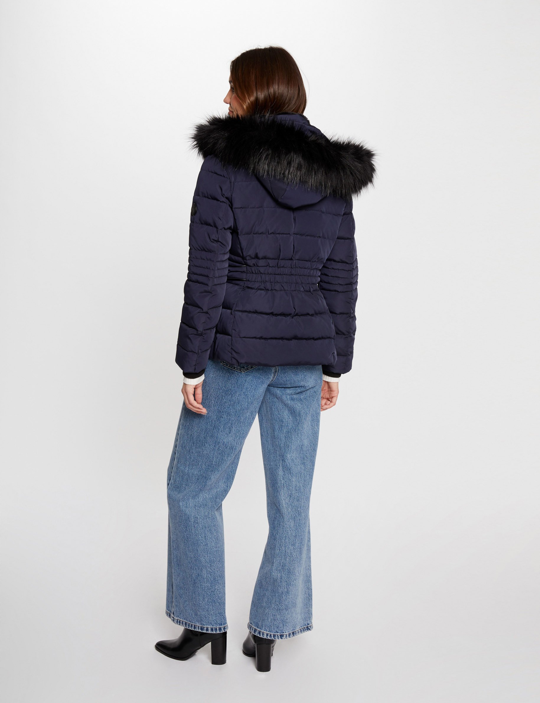 Waisted padded jacket hood navy women