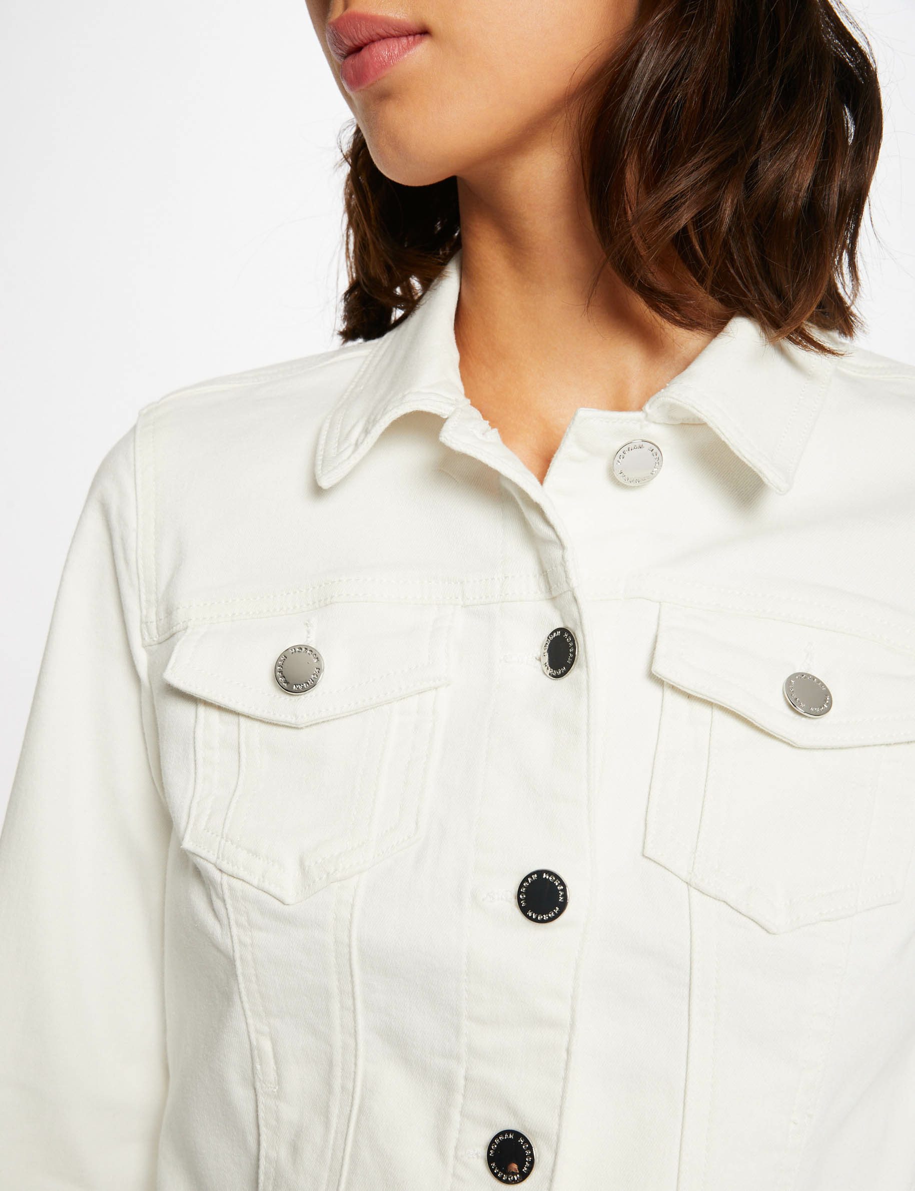 Straight buttoned denim jacket ivory women