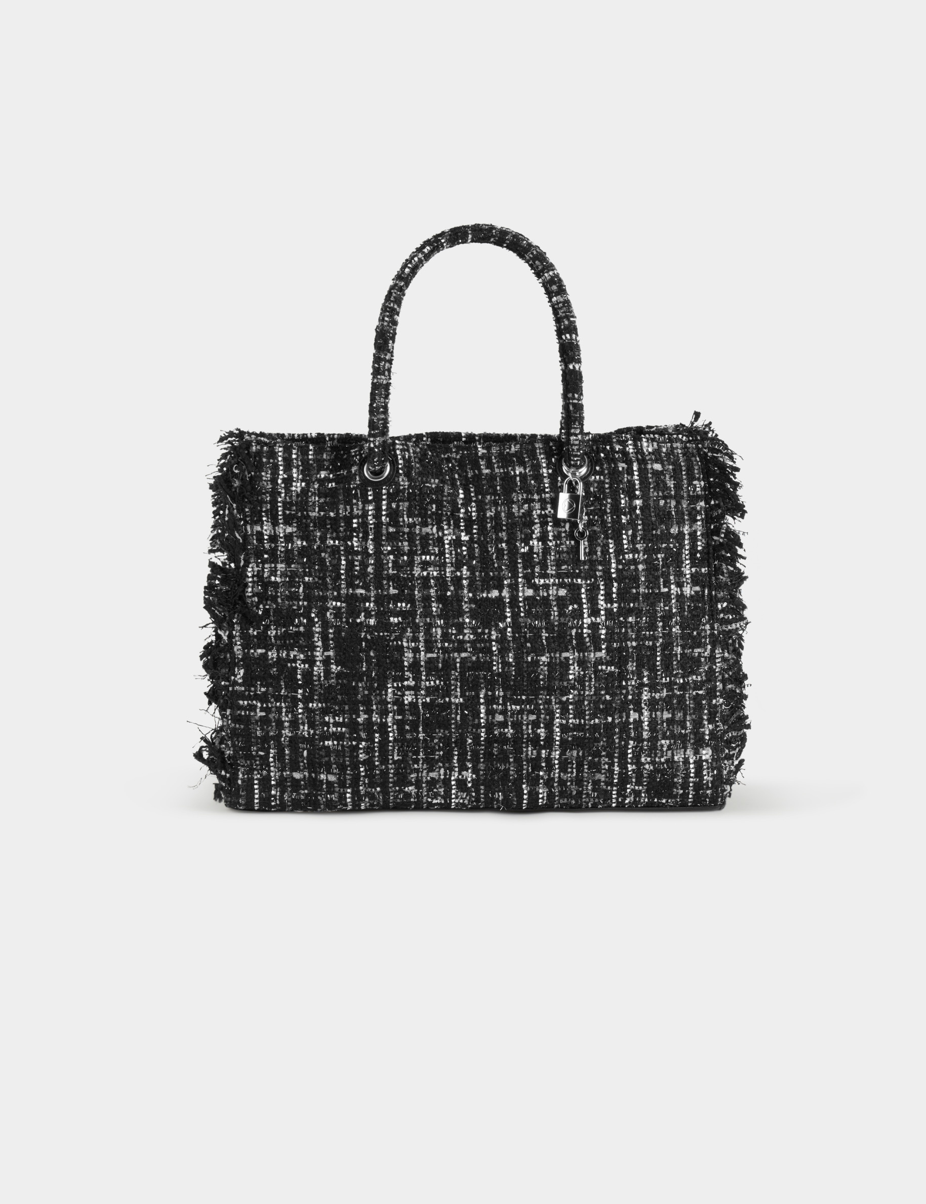 Sac cabas tweed à franges noir femme