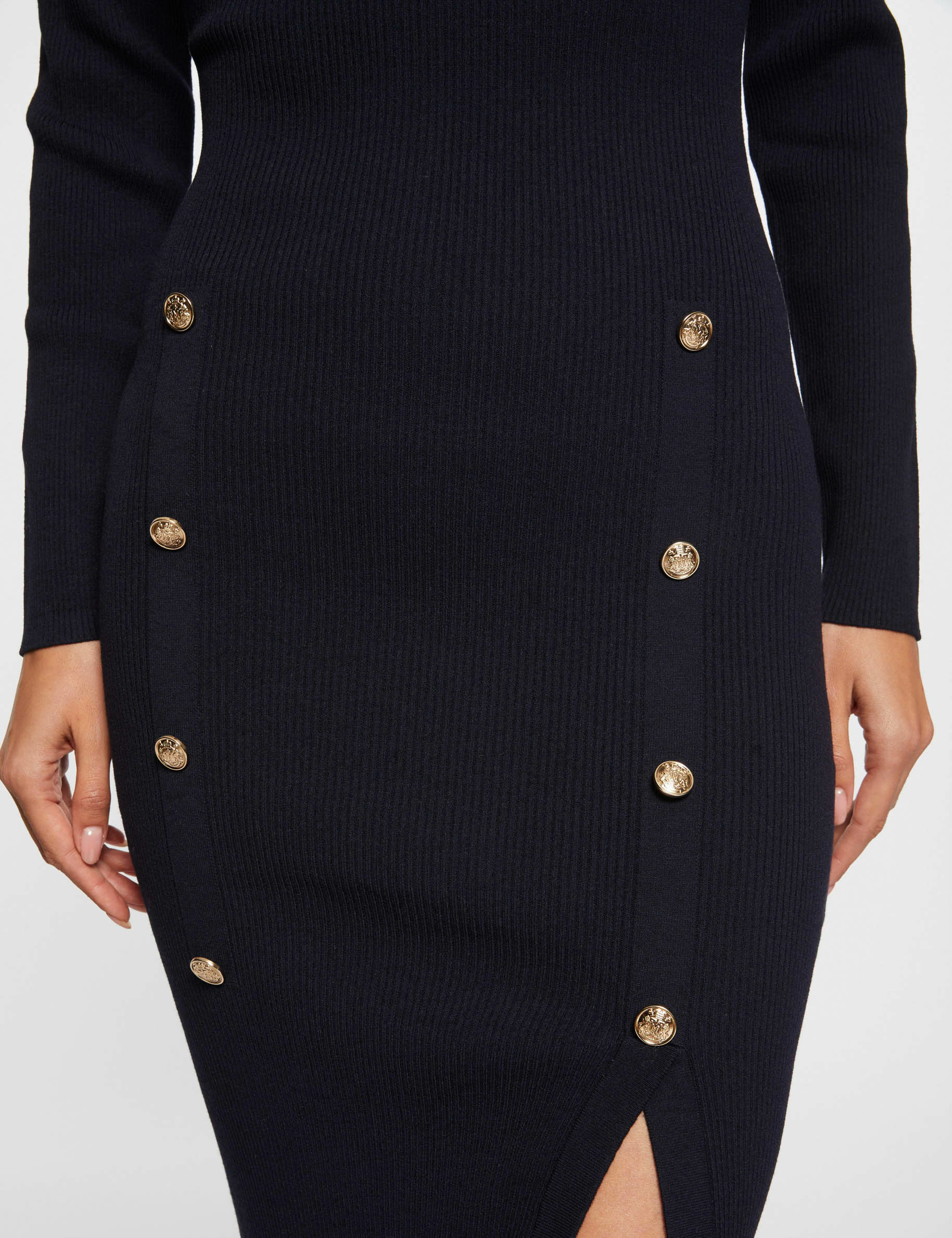 Fitted knitted dress buttons navy women