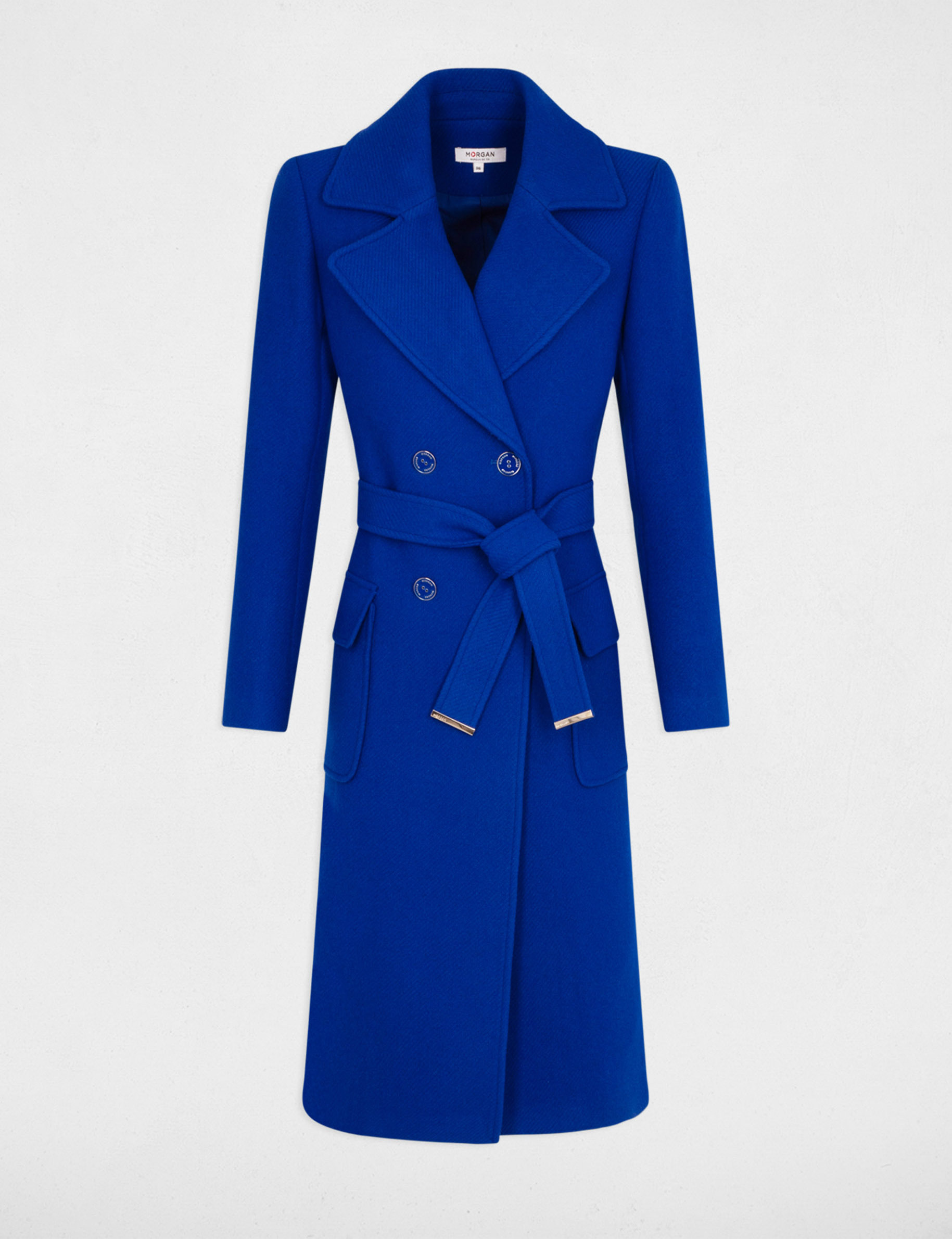 Manteau long cintre ceinture bleu electrique femme Morgan