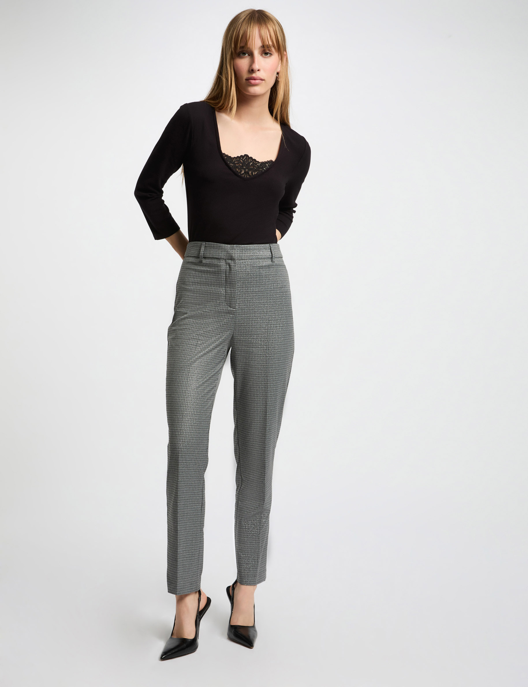 Fitted trousers check print mid-grey women