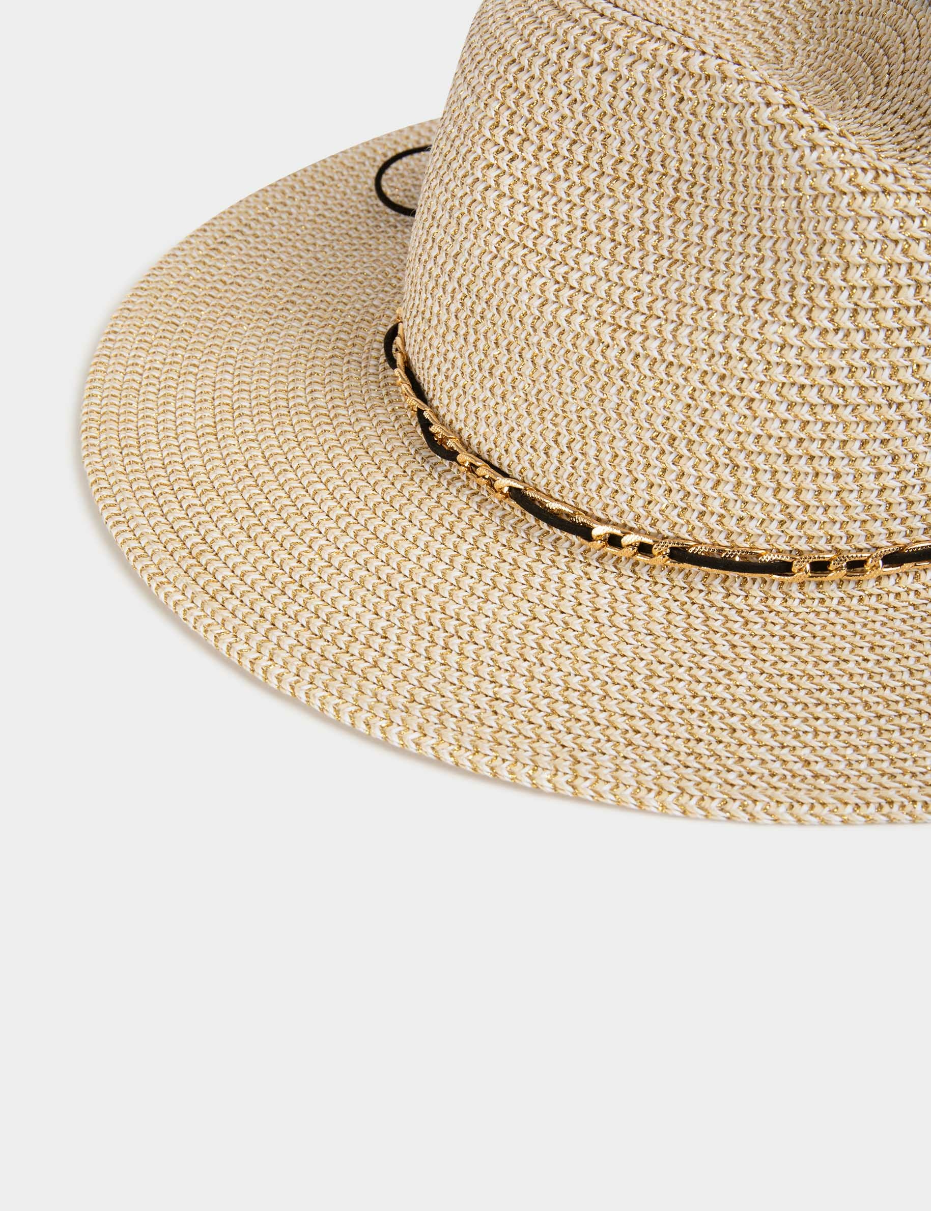 Chapeau tressé détail chaîne beige femme