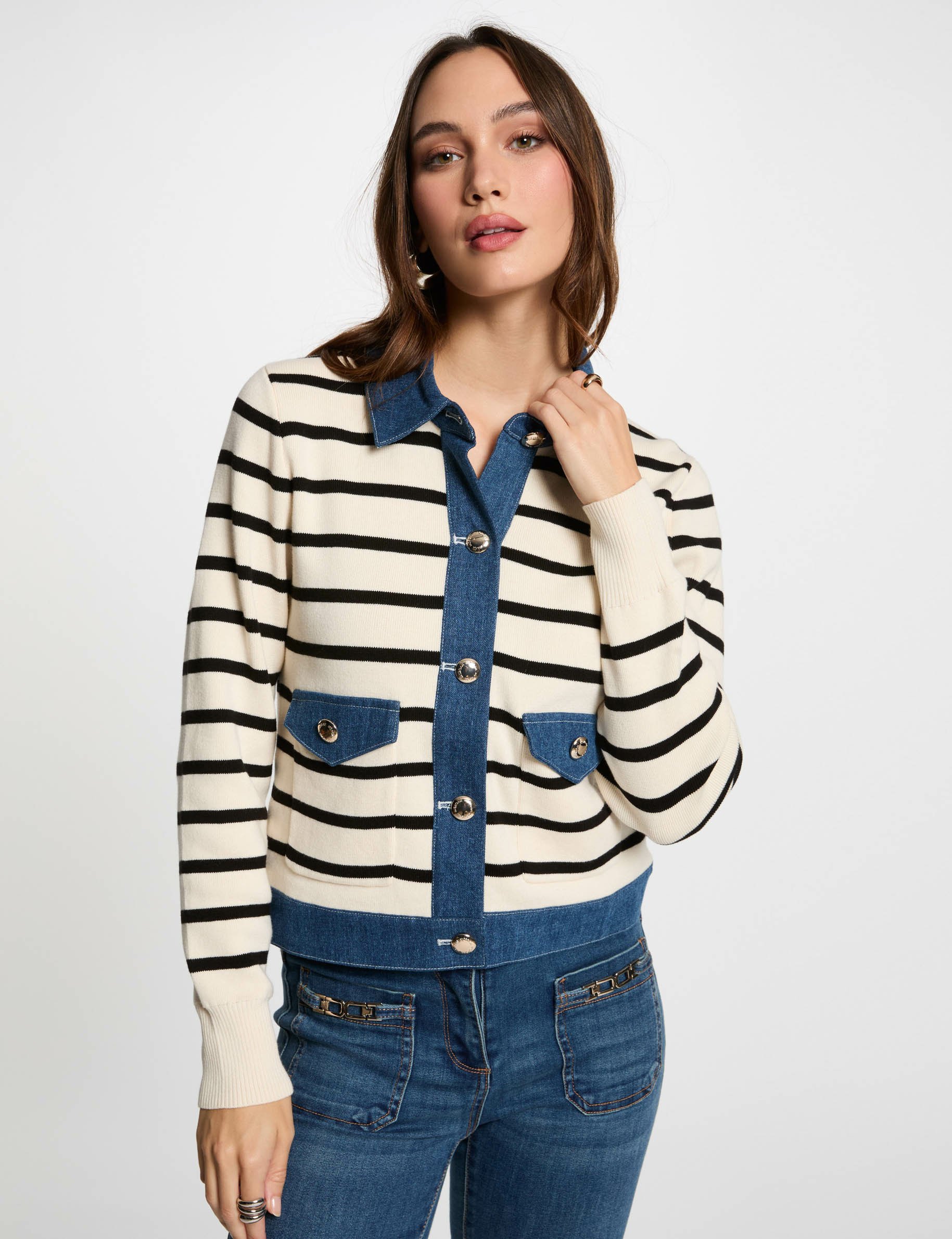 Striped cardigan lapel collar ivory women