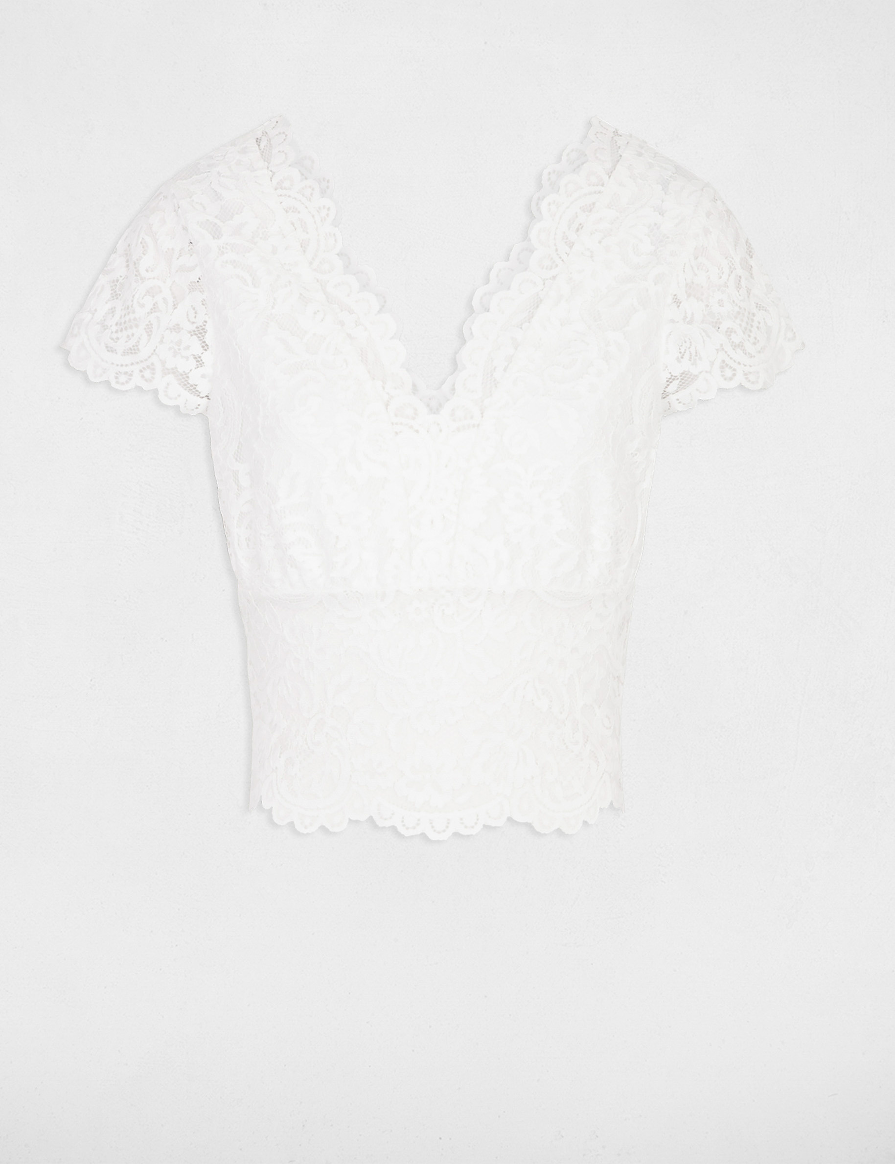 Lace t-shirt with V-neck ivory women