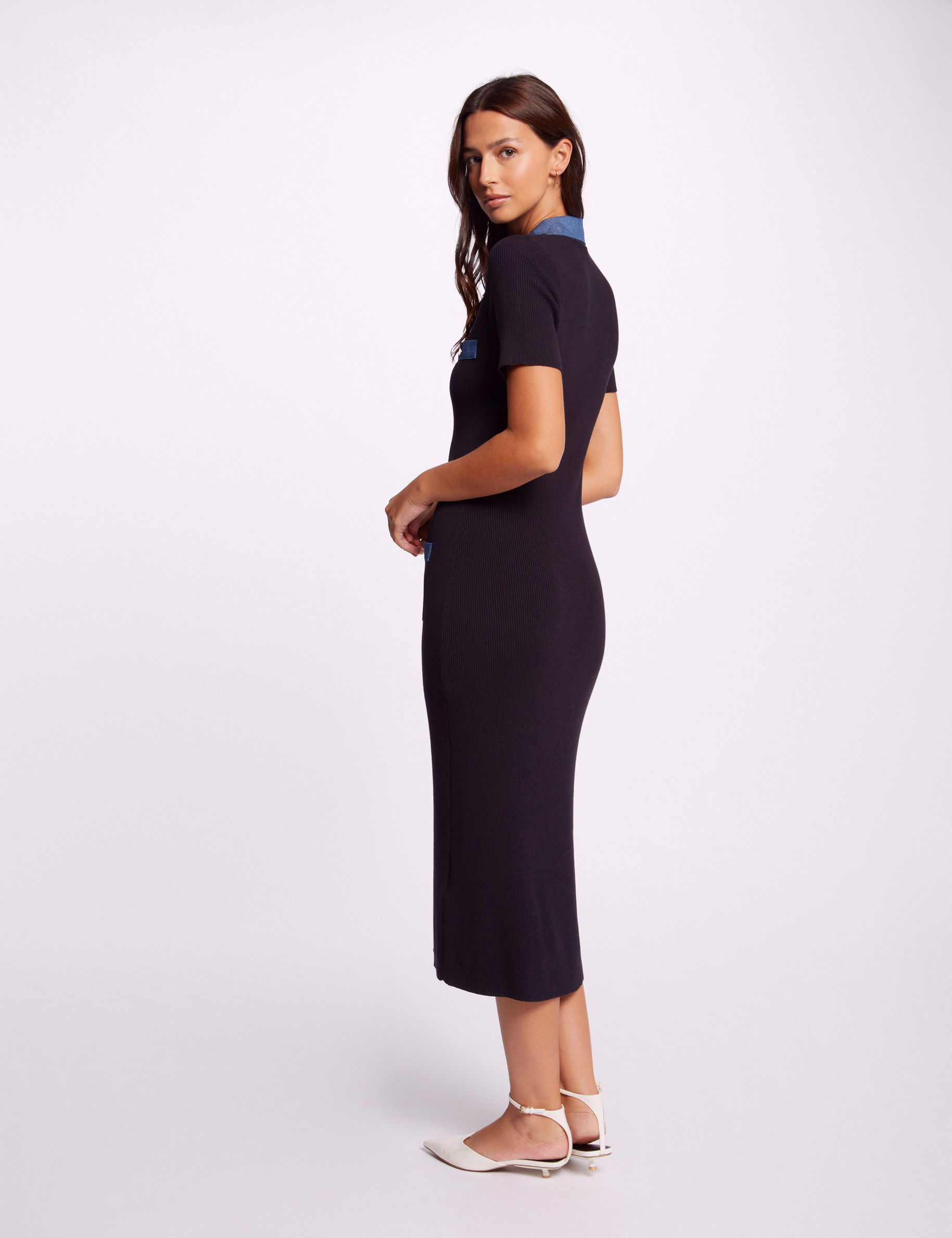 Fitted midi knitted dress navy blue women