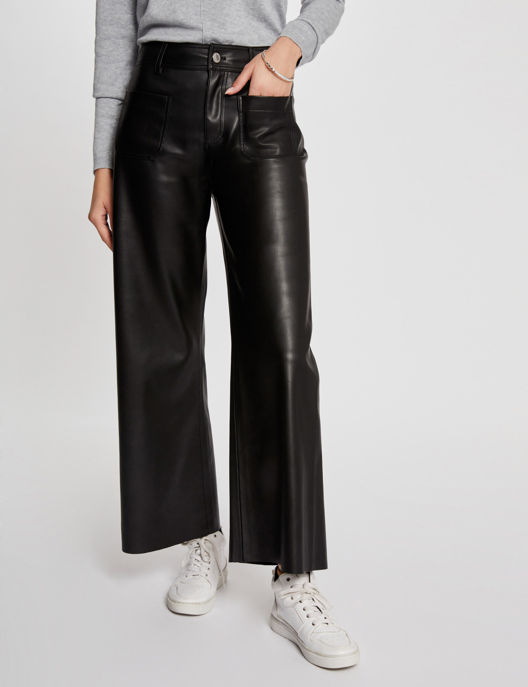 Wide leg faux leather trousers black women