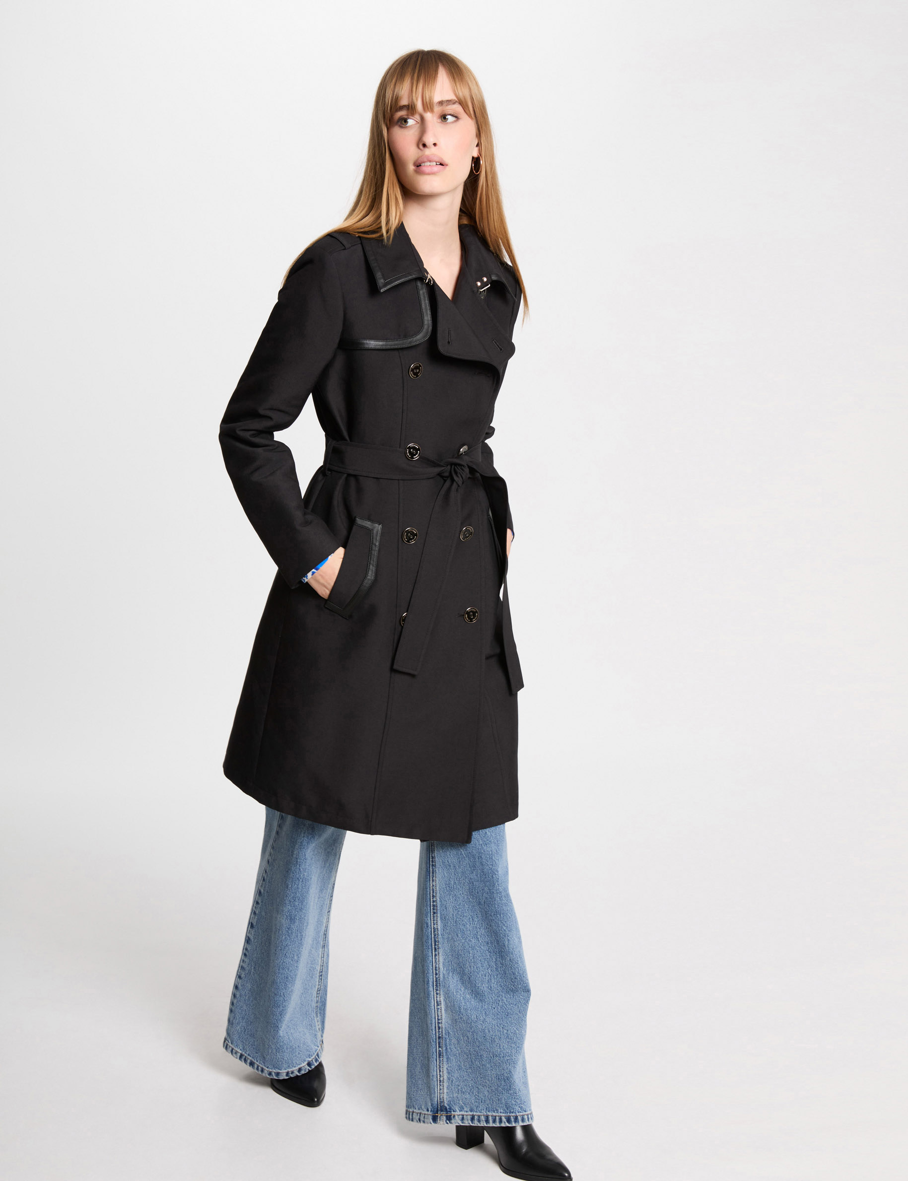 Belted long trenchcoat black women