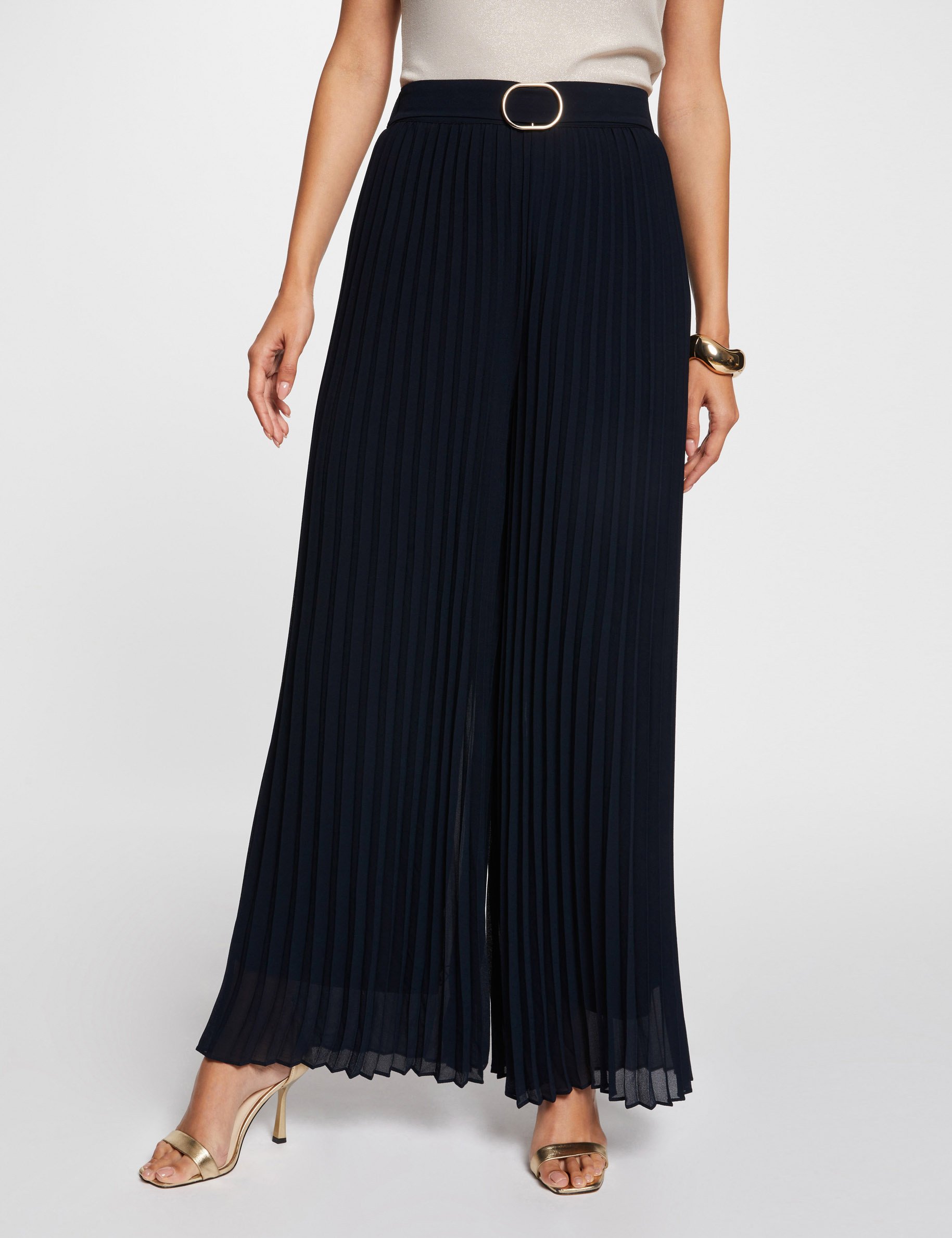 Pleated wide leg trousers navy blue women