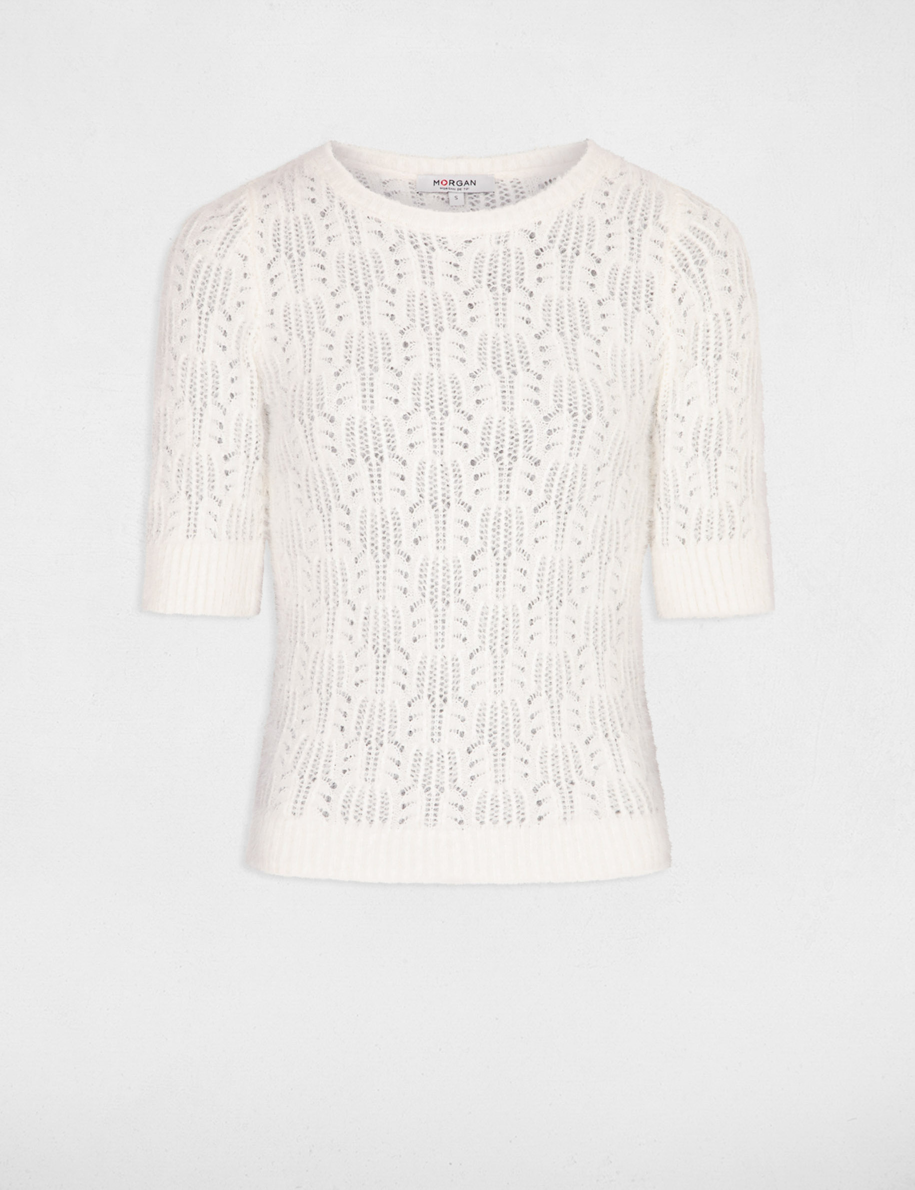 Short-sleeved openwork jumper ivory women