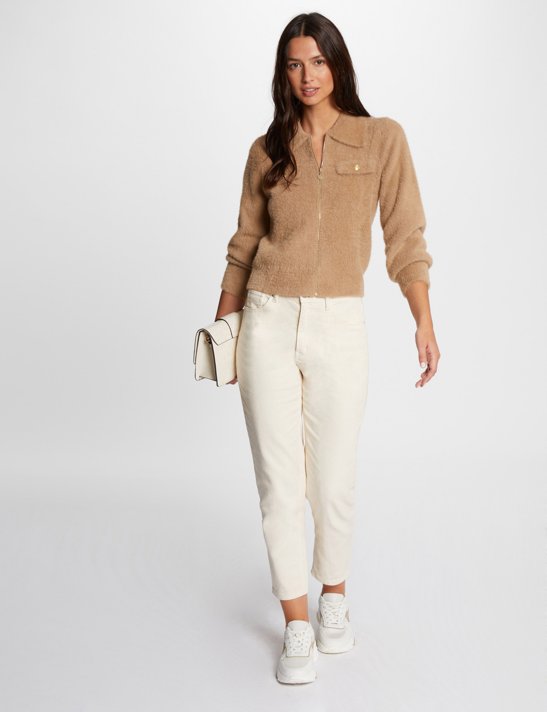 Long-sleeved cardigan with lapel collar camel women