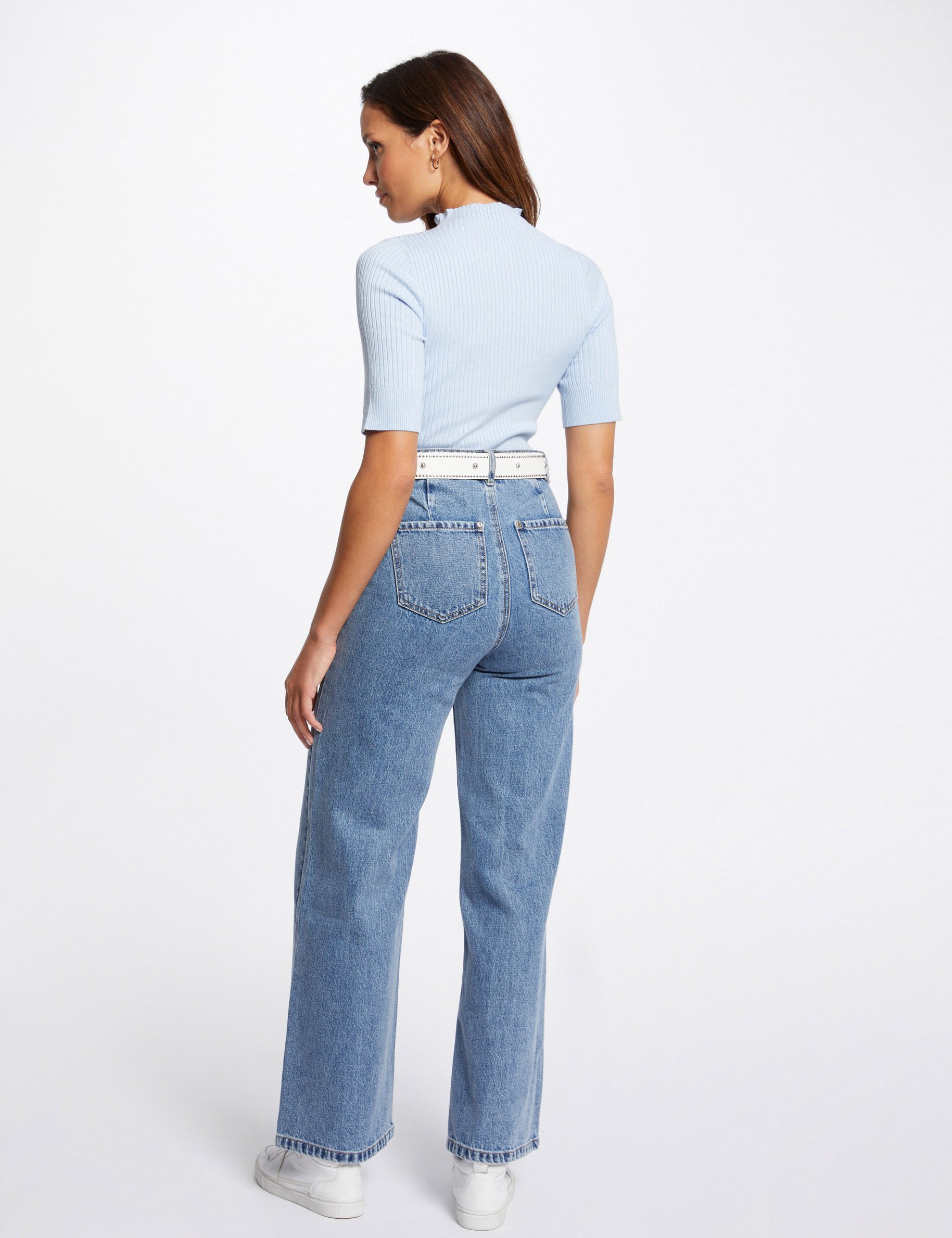 High-waisted wide leg jeans heavy stone wash denim women