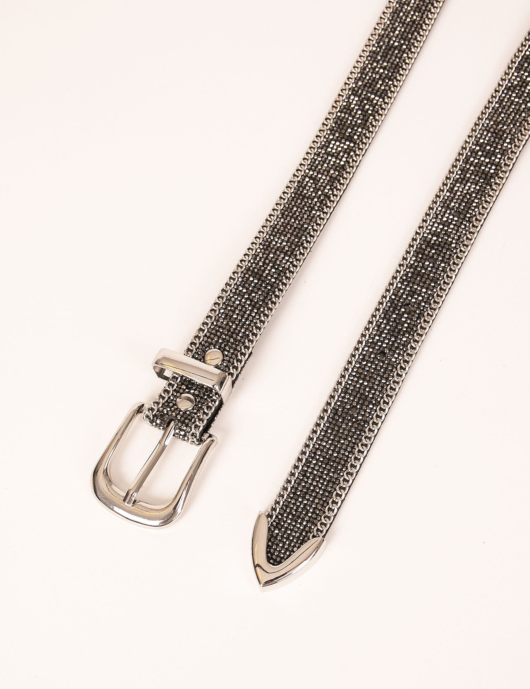 Belt with rhinestones and chains light grey women