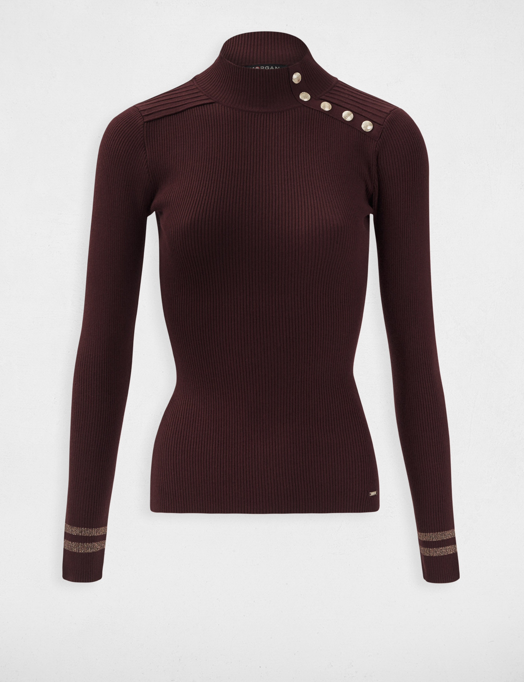 Long-sleeved jumper buttons and edging wine red women