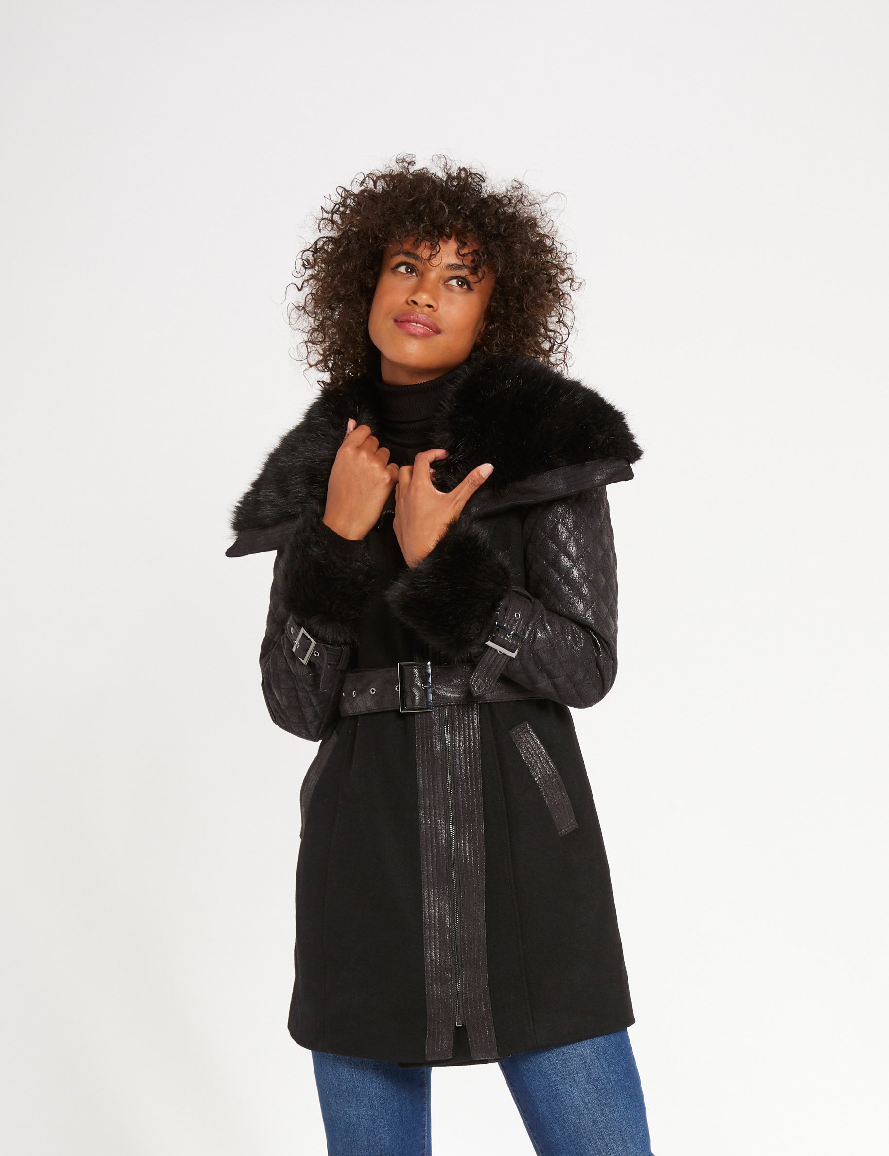 Straight coat with belt faux fur detail black women