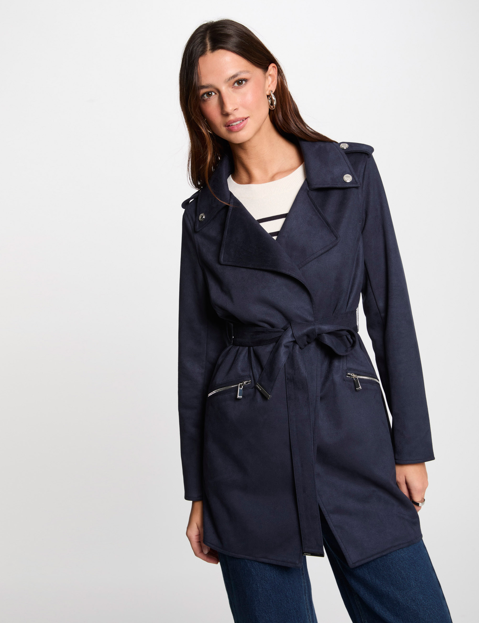 Belted long suede coat navy blue women