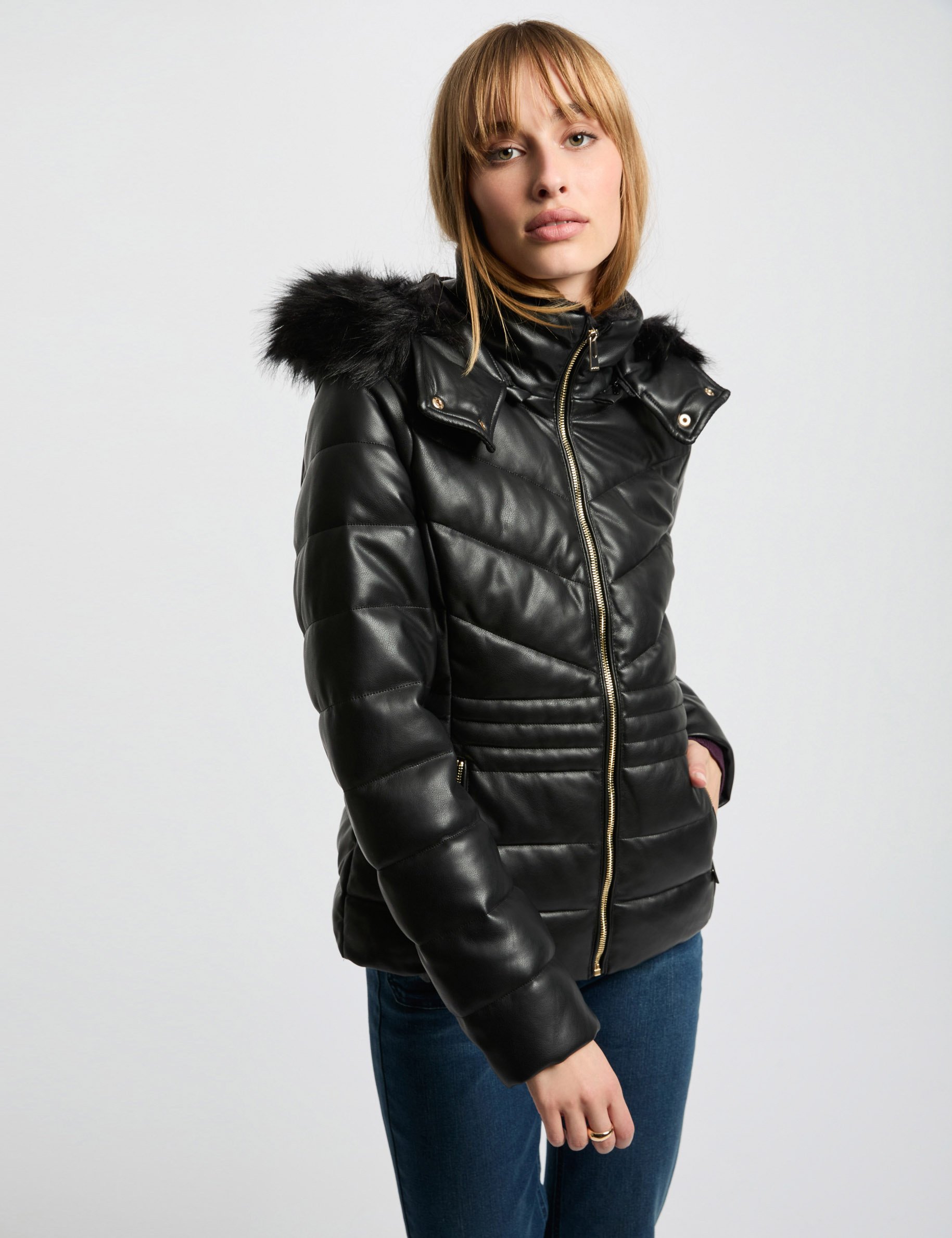 Faux leather padded jacket black women