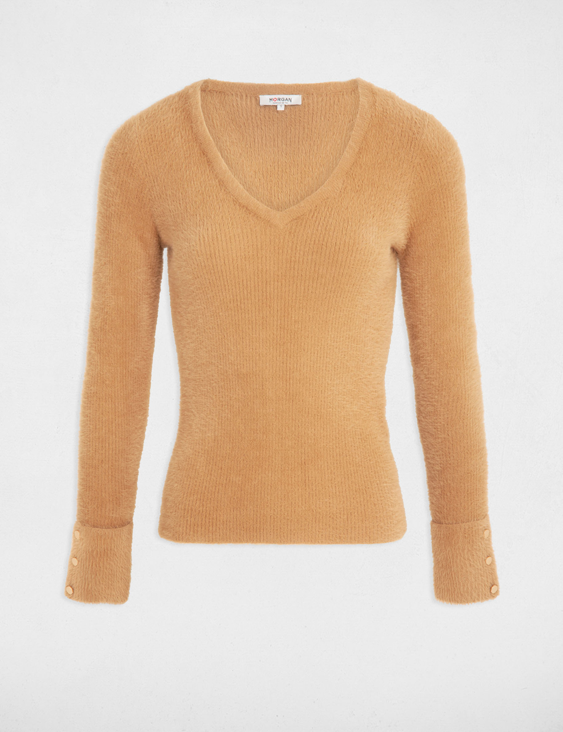 Long-sleeved jumper with fluffy knit camel women