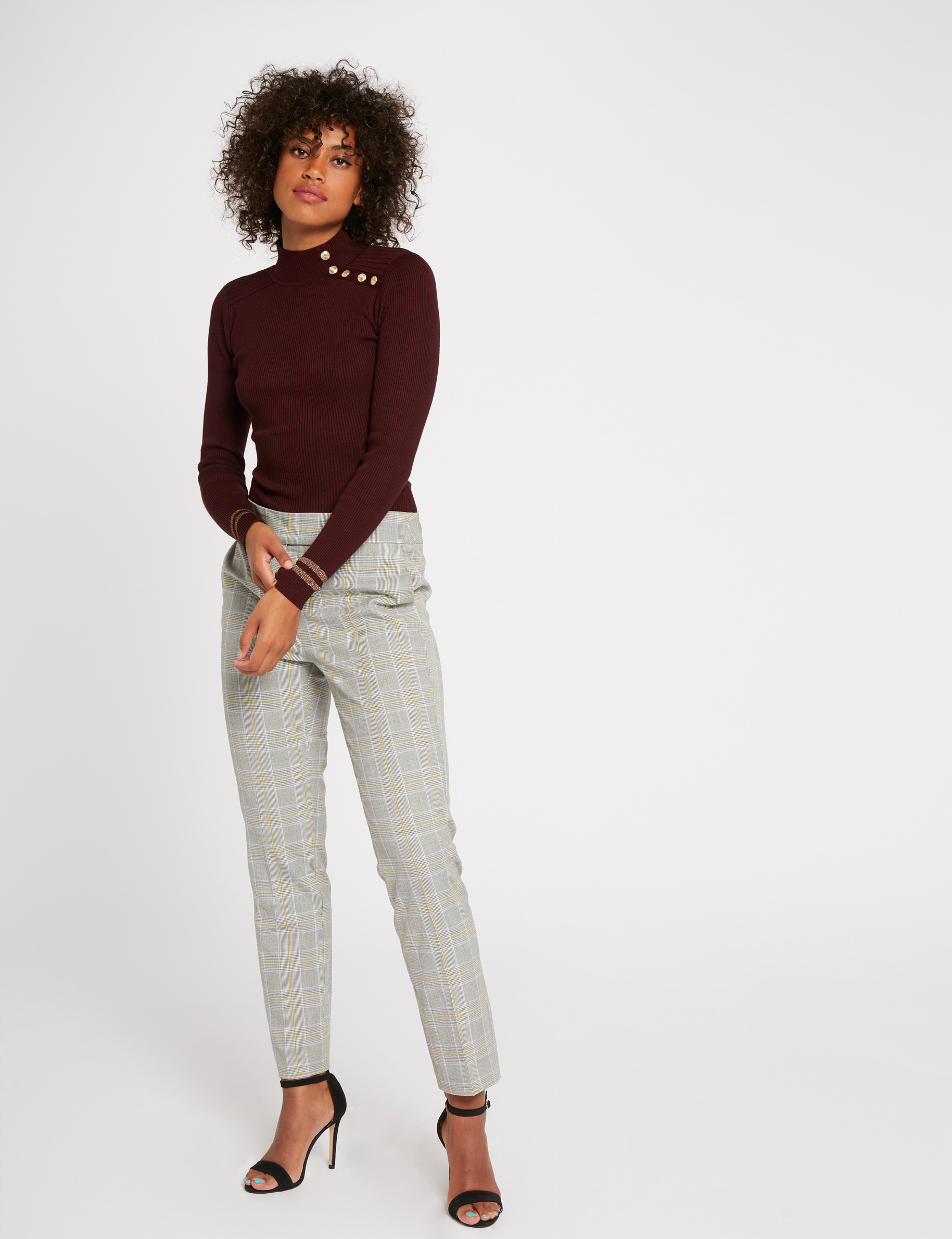 Long-sleeved jumper buttons and edging wine red women