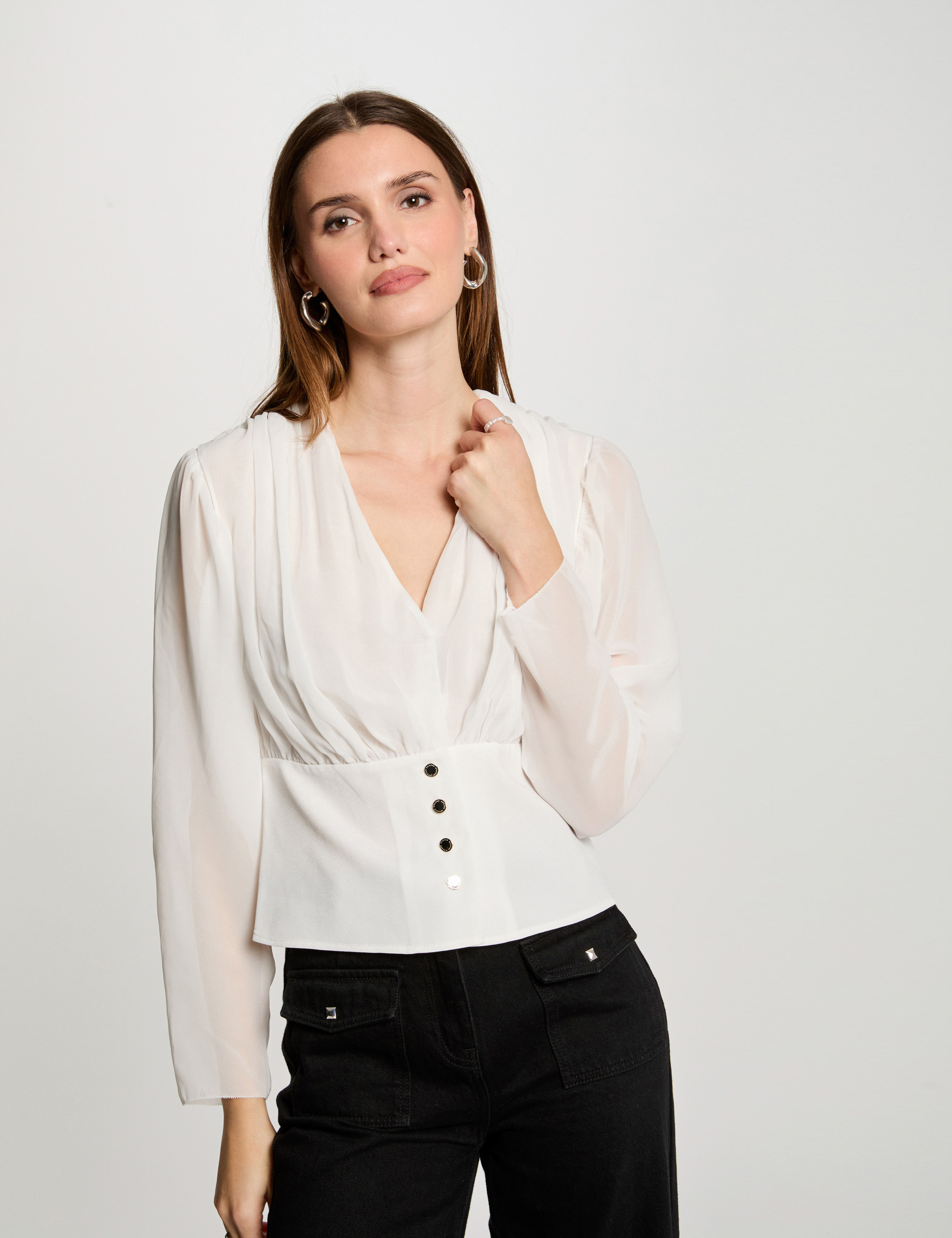 Draped long-sleeved blouse white women