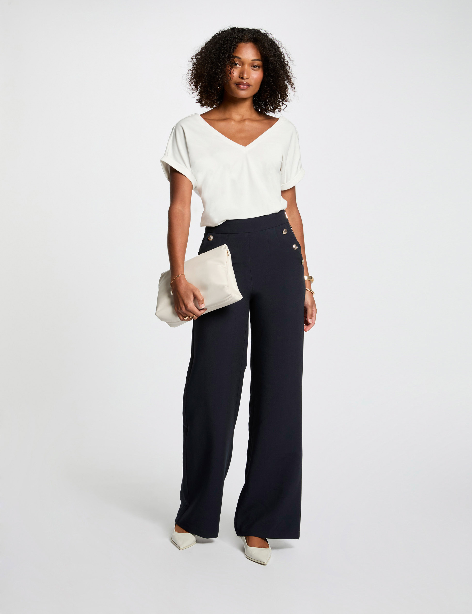 Wide leg trousers with buttons navy blue women