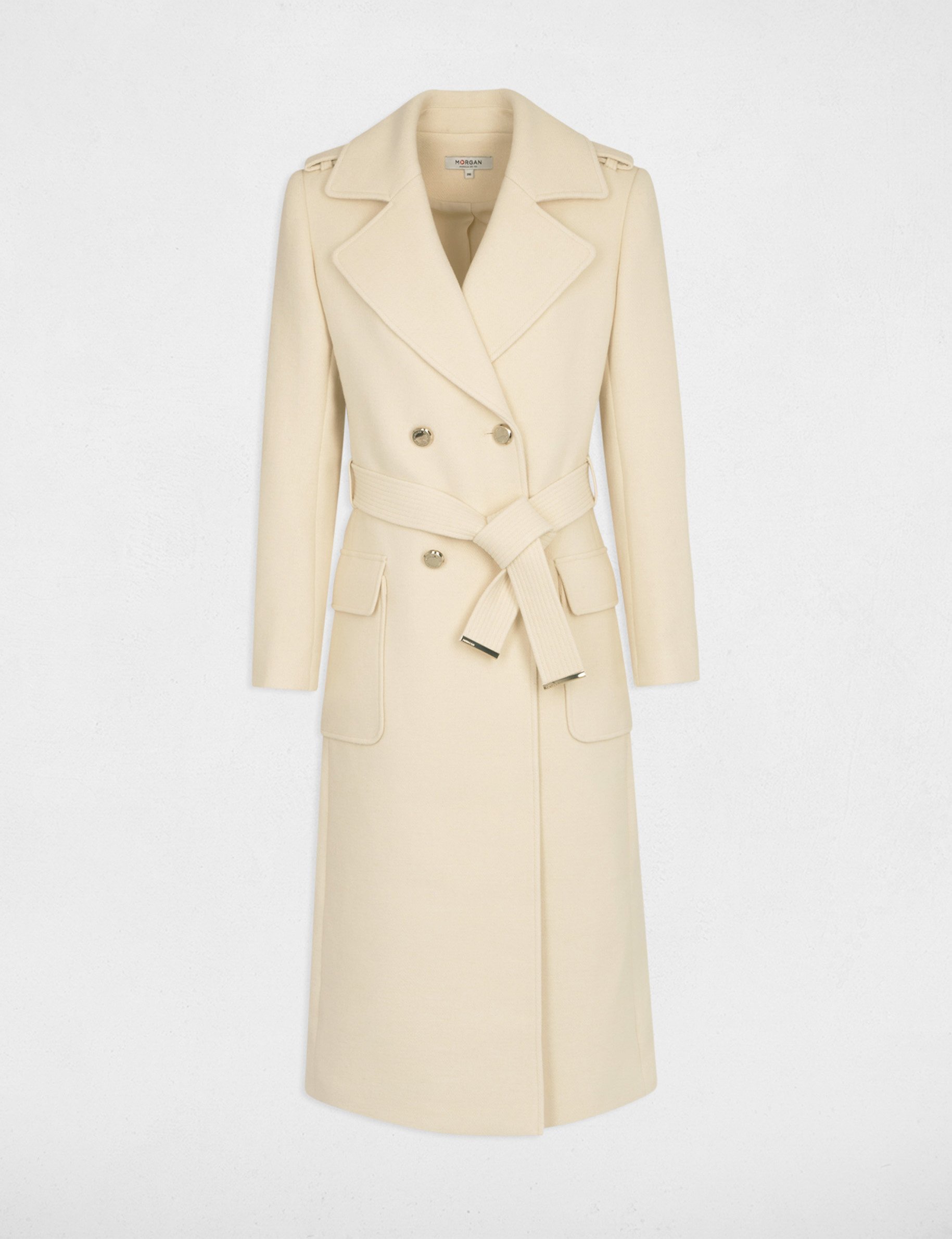 Belted long coat ivory women