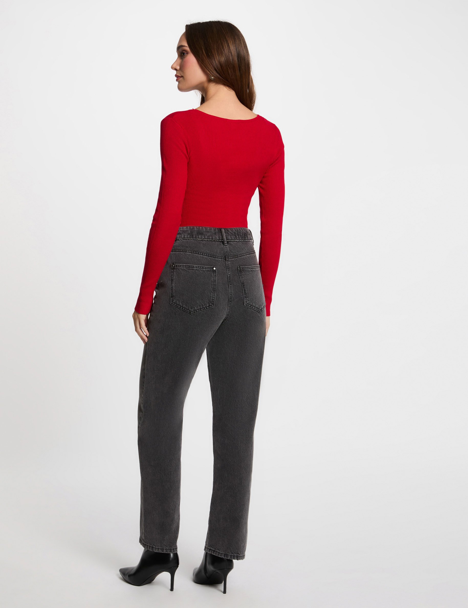 Long-sleeved ribbed jumper zipped detail red women